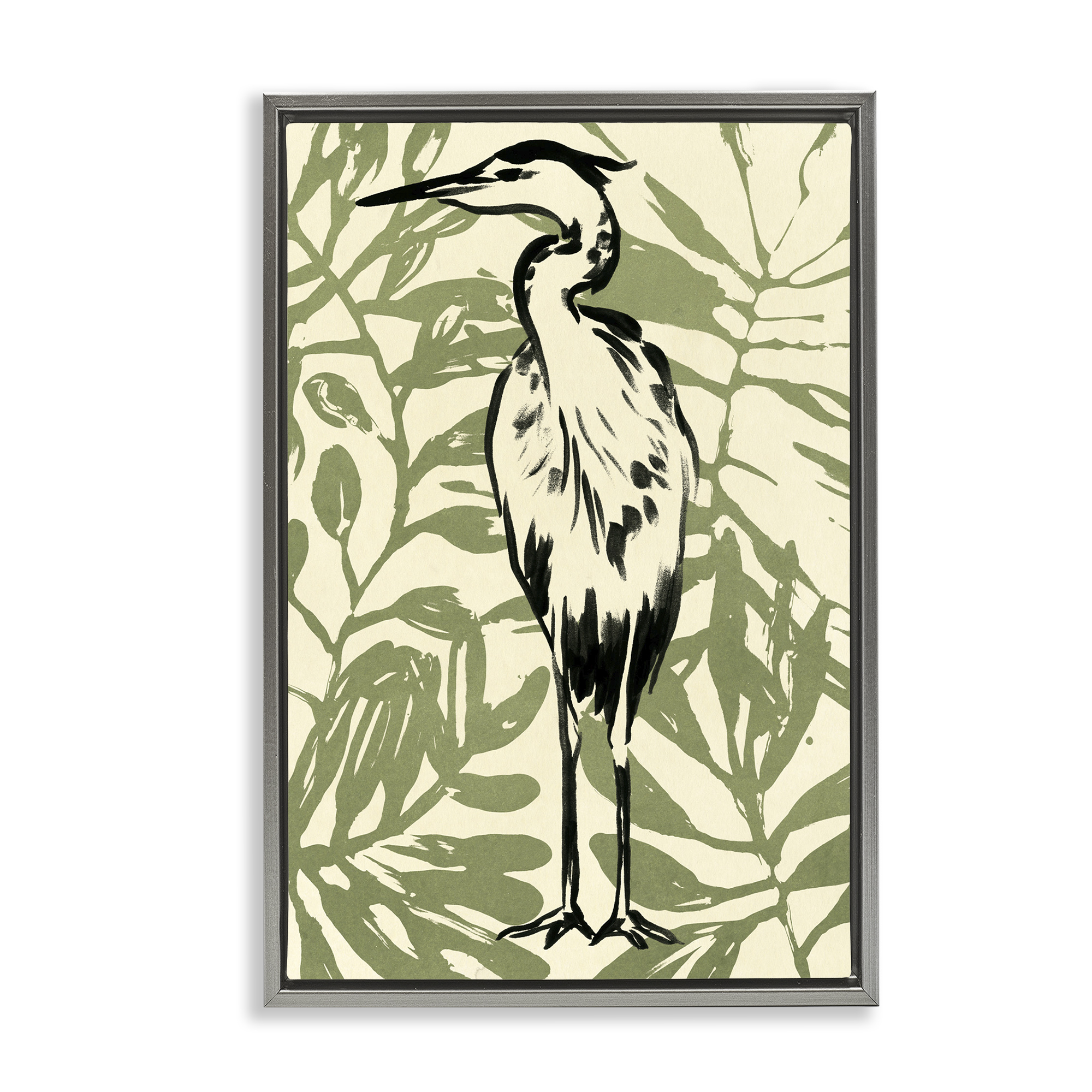 Stupell Industries Wild Heron & Leaves Animals & Insects Painting Gray Floater Framed Canvas Art Print Wall Art, 21 x 31