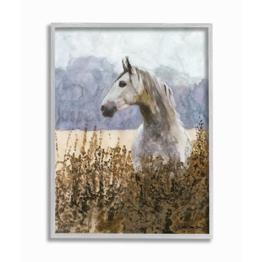 Stupell Industries Wild Horse in Tall Grass Side Portrait Watercolor Framed Wall Art Design by Stellar Design Studio, 11" x 14", Gray Framed