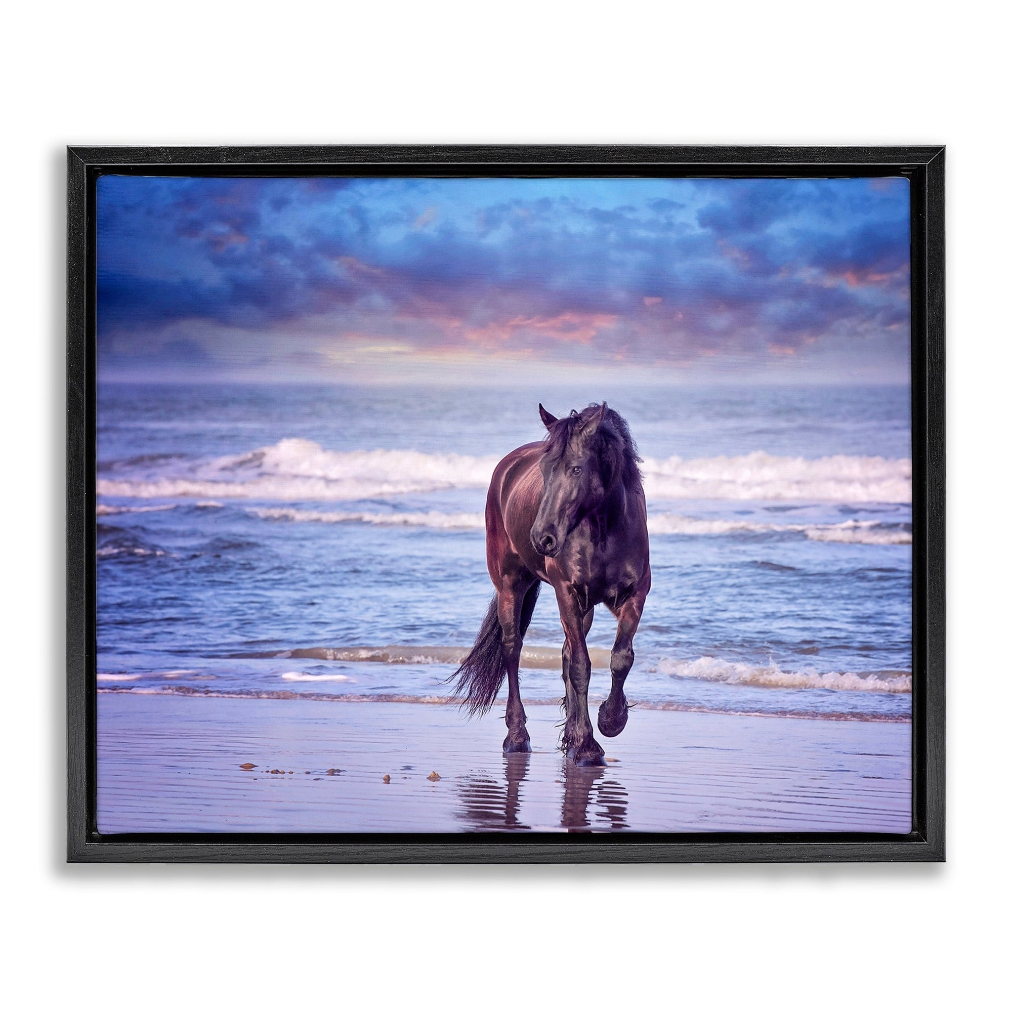 Stupell Industries Wild Horse on Beach Colorful Blue Sunset Jet Black Framed Floating Canvas Wall Art, 24x30, by PHBurchett