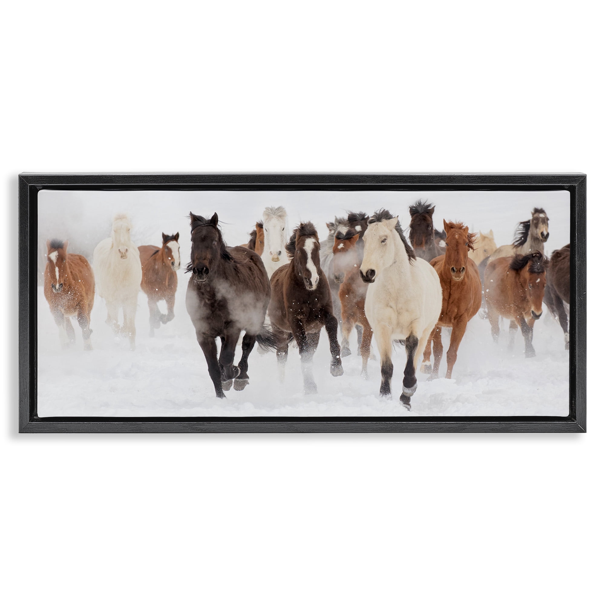 Stupell Industries Wild Horses Herd Foggy Winter Animals & Insects Painting Black Floater Framed Canvas Art Print Wall Art, 25 x 11