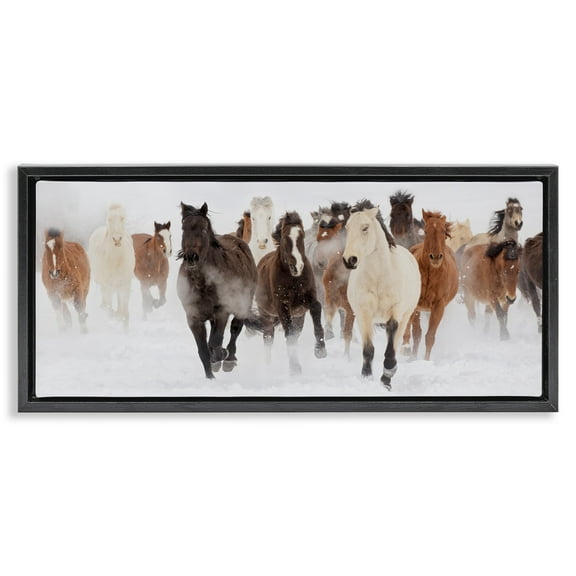 Stupell Industries Wild Horses Herd Foggy Winter Animals & Insects Painting Black Floater Framed Canvas Art Print Wall Art, 25 x 11