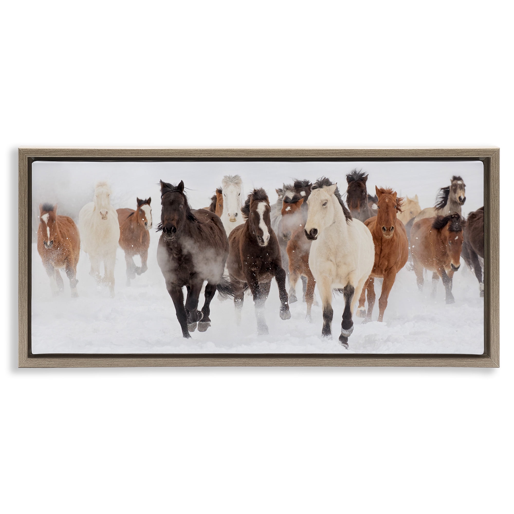 Stupell Industries Wild Horses Herd Foggy Winter Animals & Insects Painting Brown Floater Framed Canvas Art Print Wall Art, 25 x 11