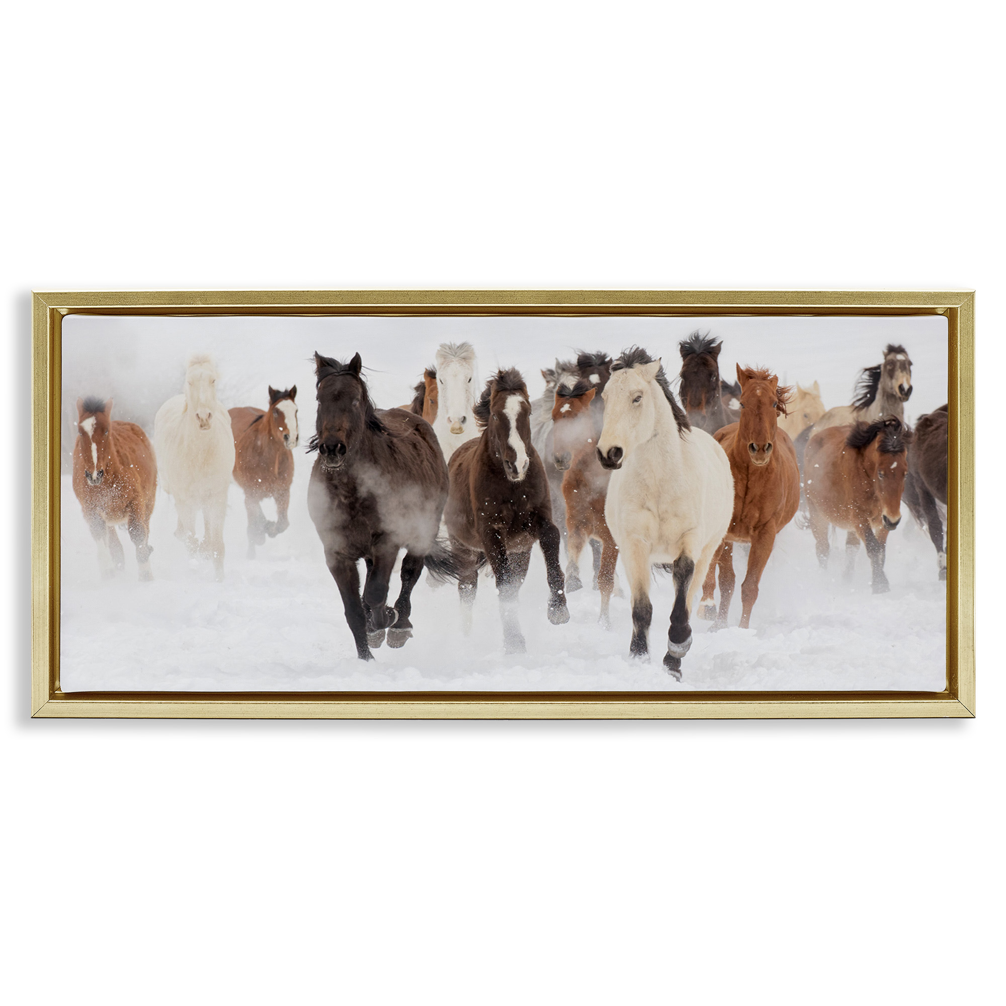 Stupell Industries Wild Horses Herd Foggy Winter Animals & Insects Painting Gold Floater Framed Canvas Art Print Wall Art, 31 x 14