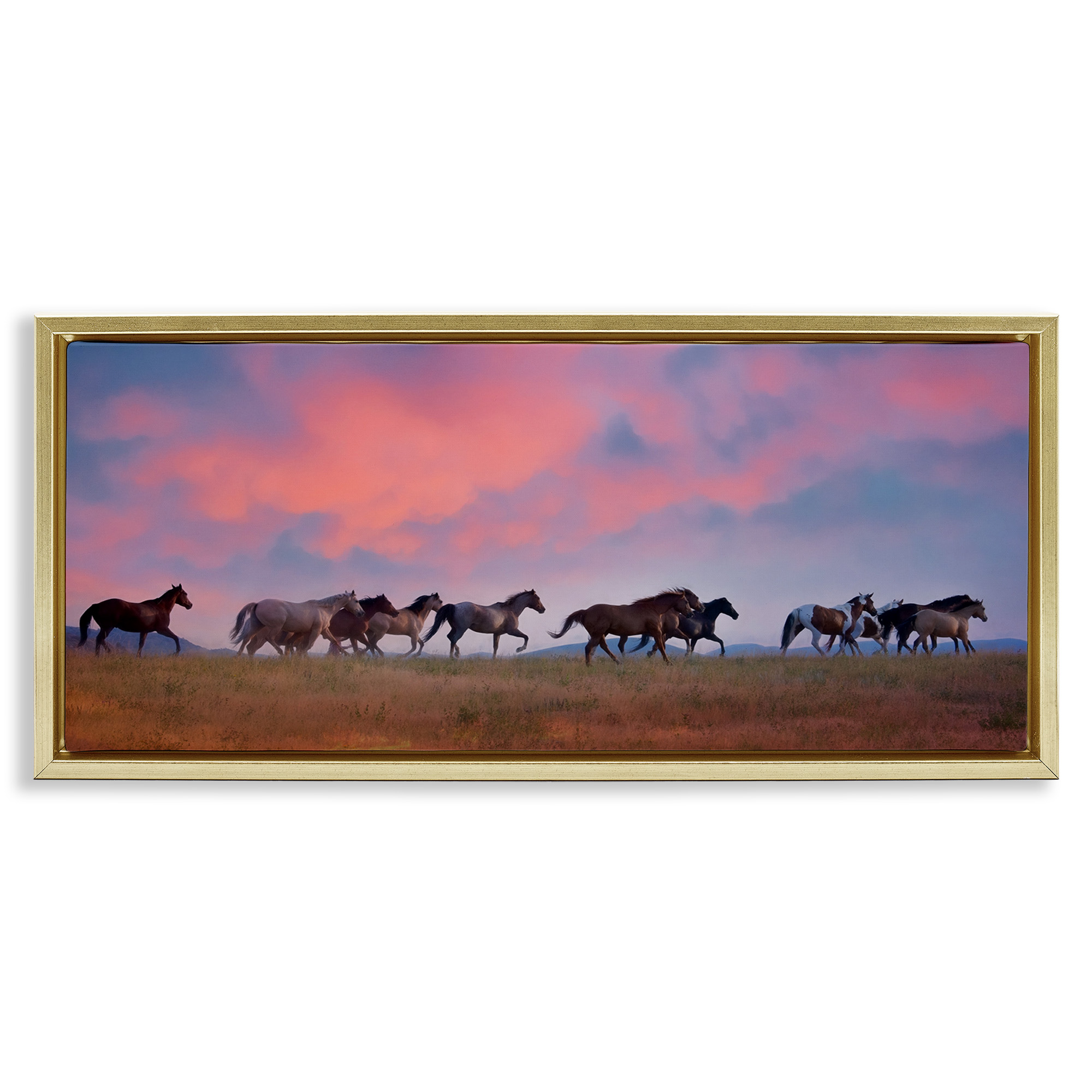 Stupell Industries Wild Horses at Sunset Animals & Insects Photography Gold Floater Framed Canvas Art Print Wall Art, 25 x 11