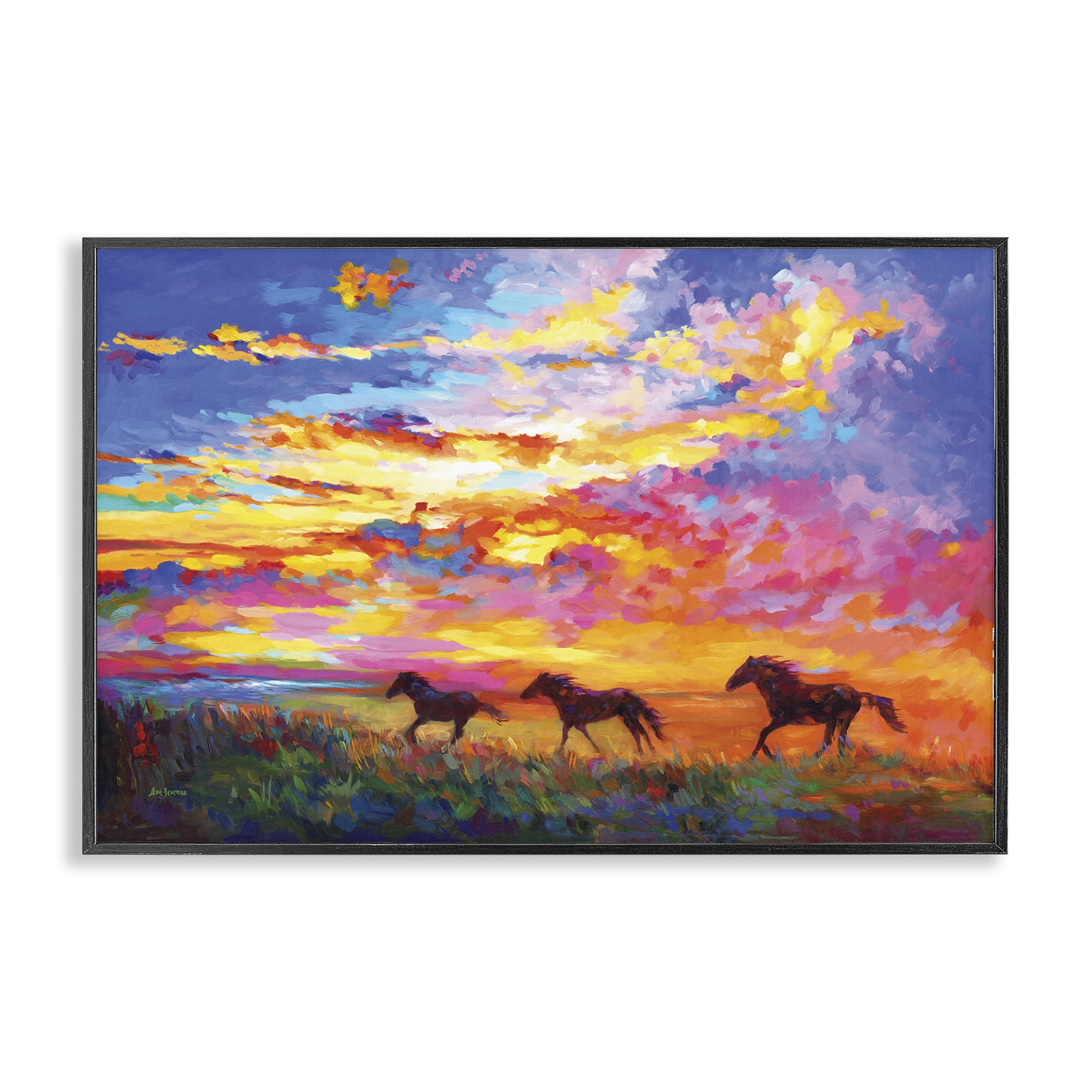 Stupell Industries Wild Horses at Sunset Landscape & Nature Painting Black Framed Art Print Wall Art, 18 x 12