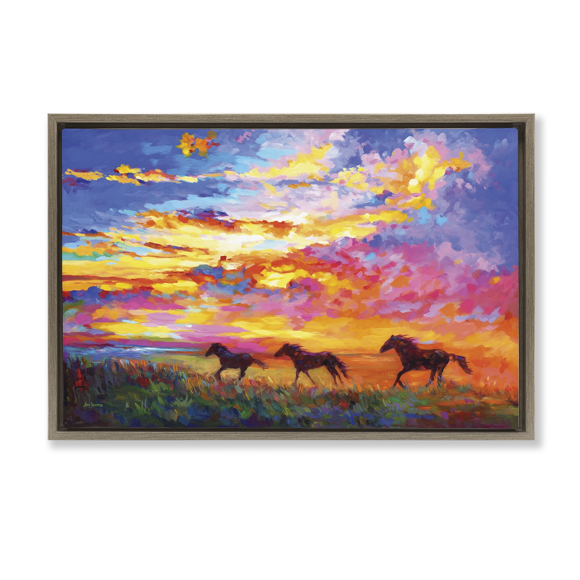 Stupell Industries Wild Horses at Sunset Landscape & Nature Painting Brown Floater Framed Canvas Art Print Wall Art, 25 x 17
