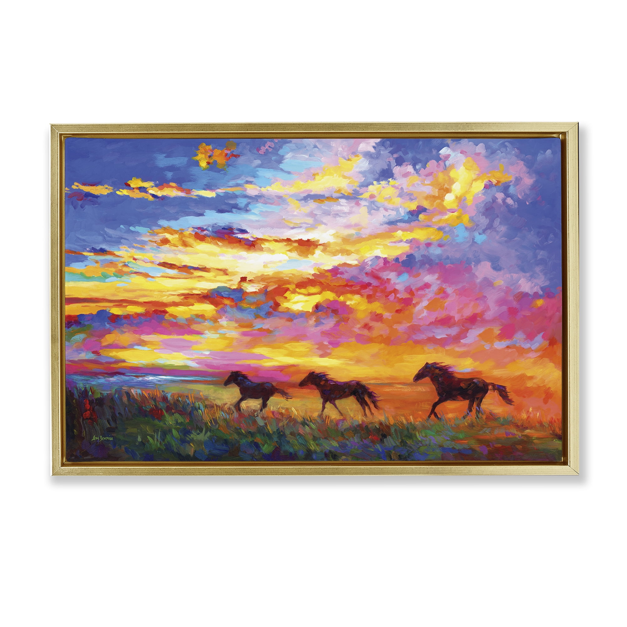 Stupell Industries Wild Horses at Sunset Landscape & Nature Painting Gold Floater Framed Canvas Art Print Wall Art, 31 x 21