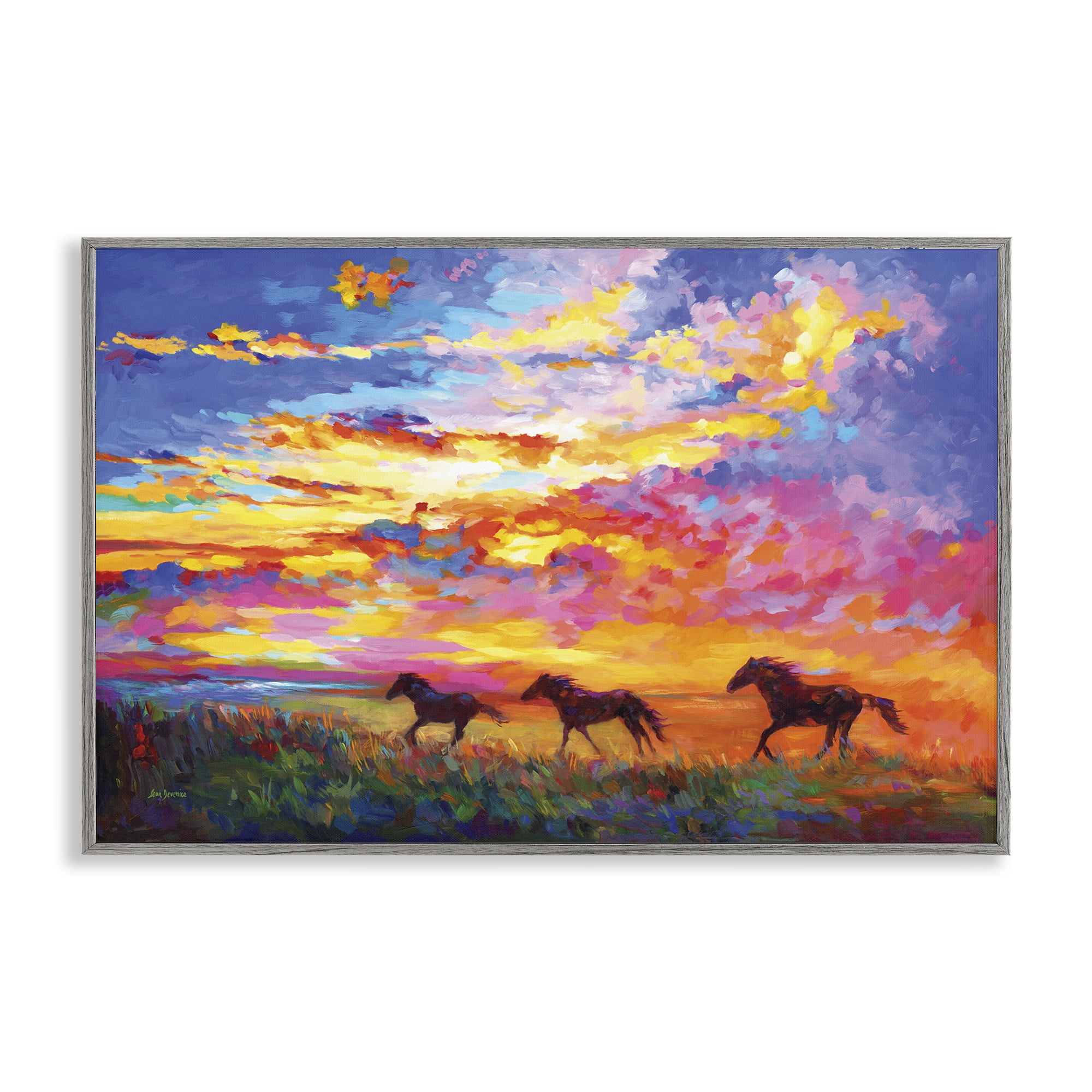 Stupell Industries Wild Horses at Sunset Landscape & Nature Painting Gray Framed Art Print Wall Art, 30 x 20