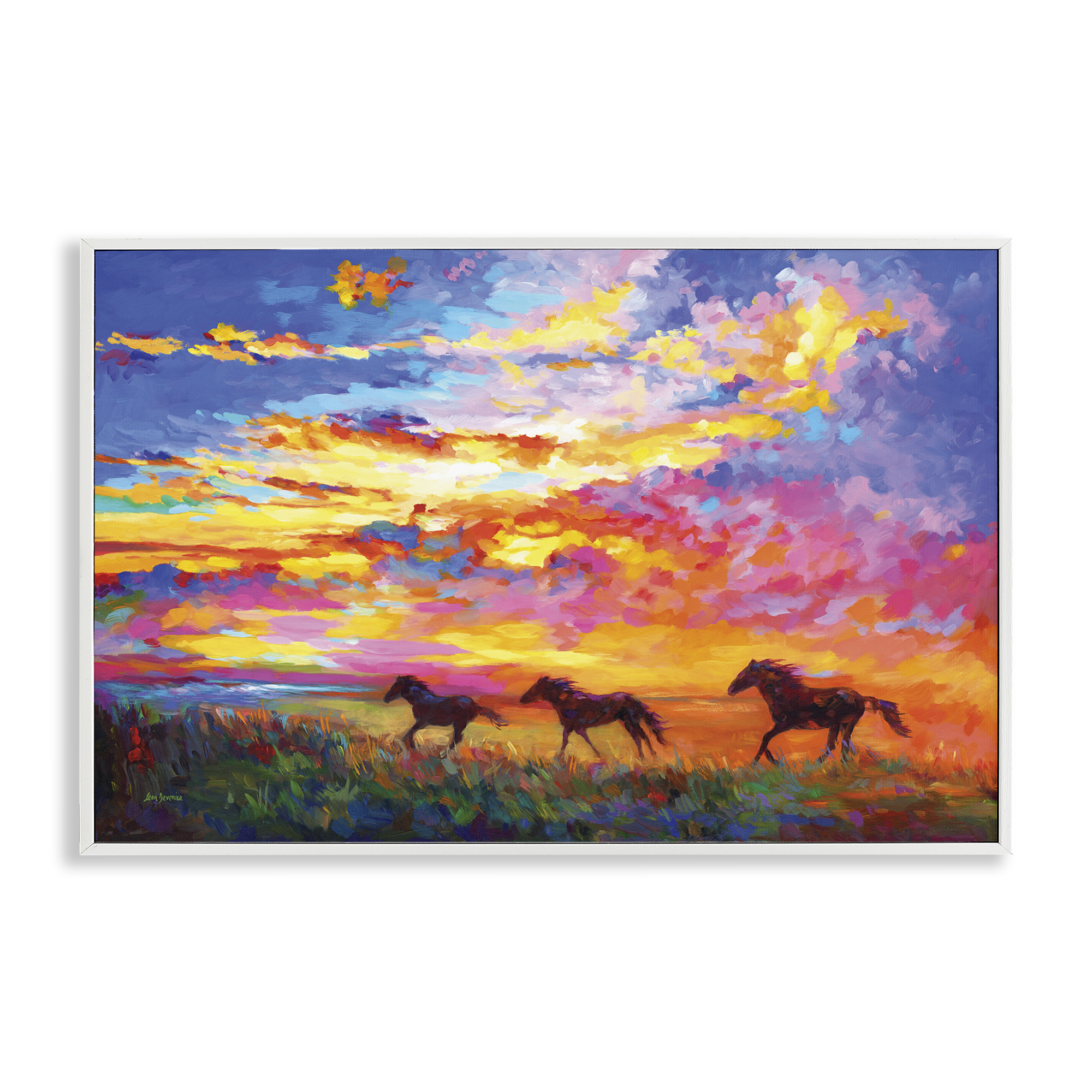 Stupell Industries Wild Horses at Sunset Landscape & Nature Painting White Framed Art Print Wall Art, 18 x 12