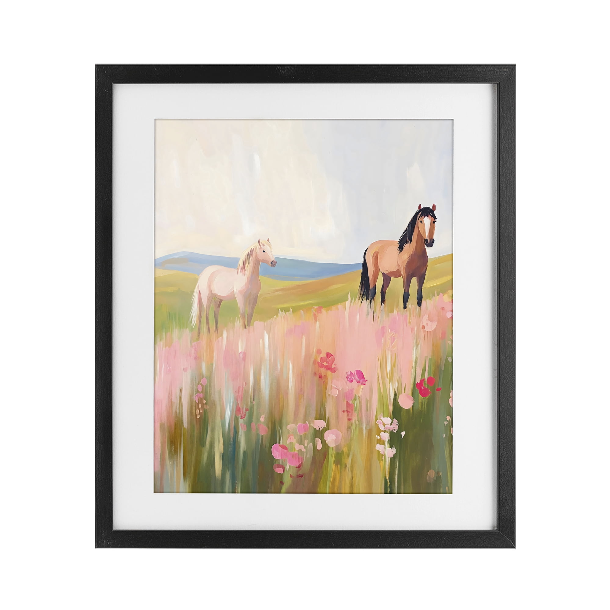 Stupell Industries Wild Horses in Pink Meadow Black Framed Print Under Glass, design by The Prints Vibe