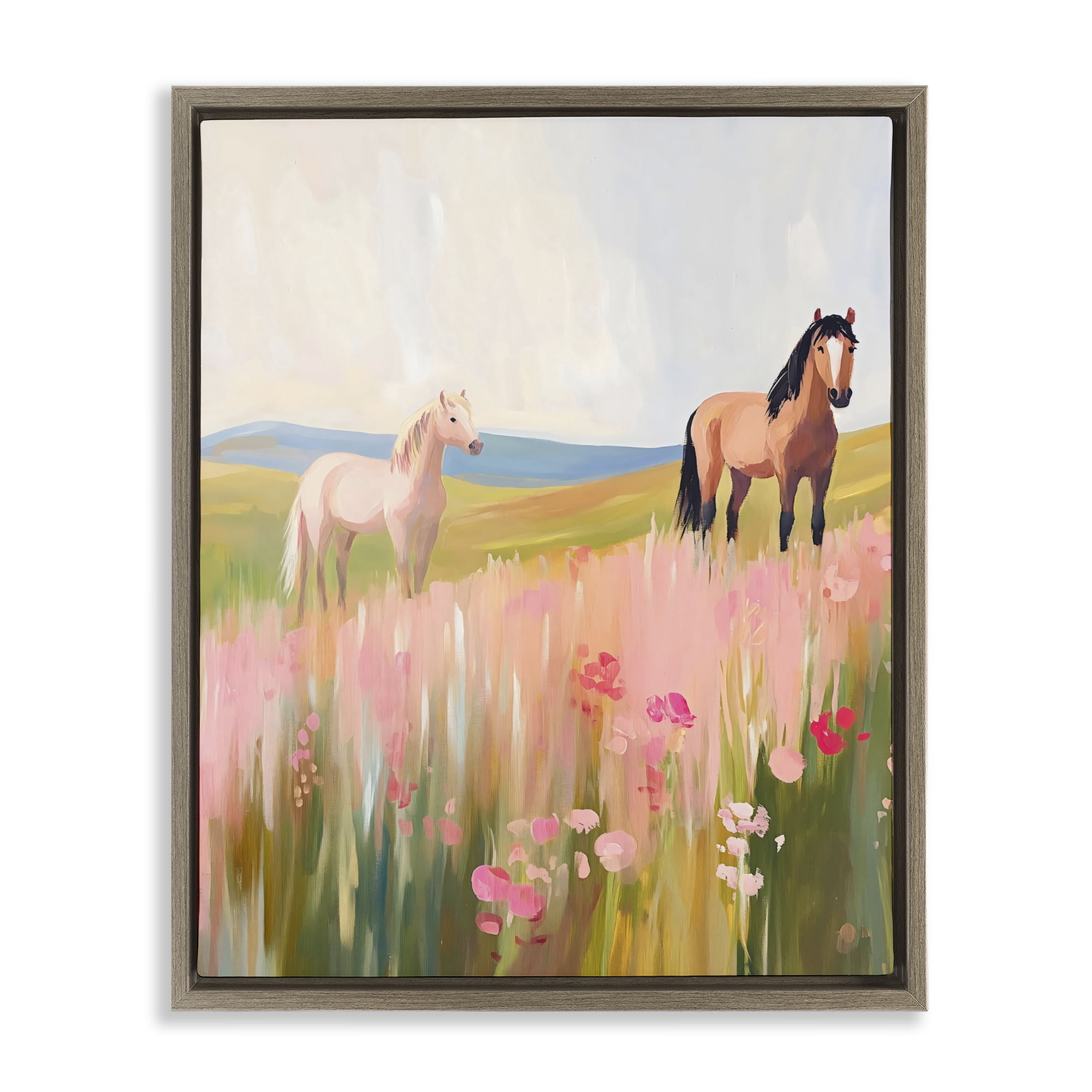 Stupell Industries Wild Horses in Pink Meadow Brown Framed Floater Canvas Wall Art, design by The Prints Vibe