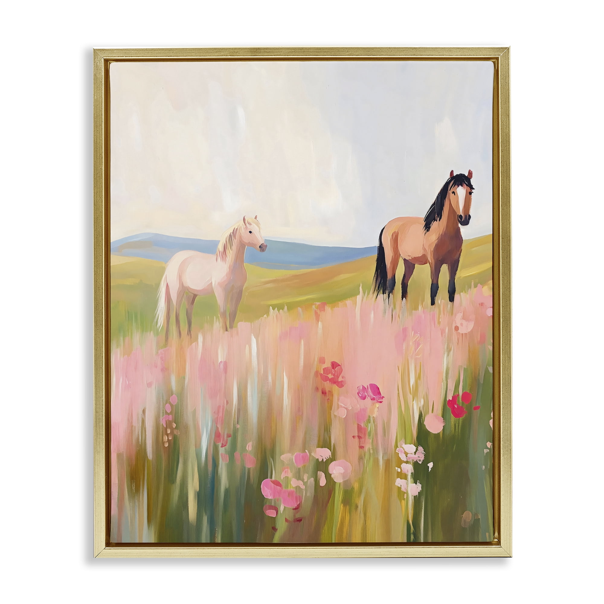 Stupell Industries Wild Horses in Pink Meadow Gold Framed Floater Canvas Wall Art, design by The Prints Vibe