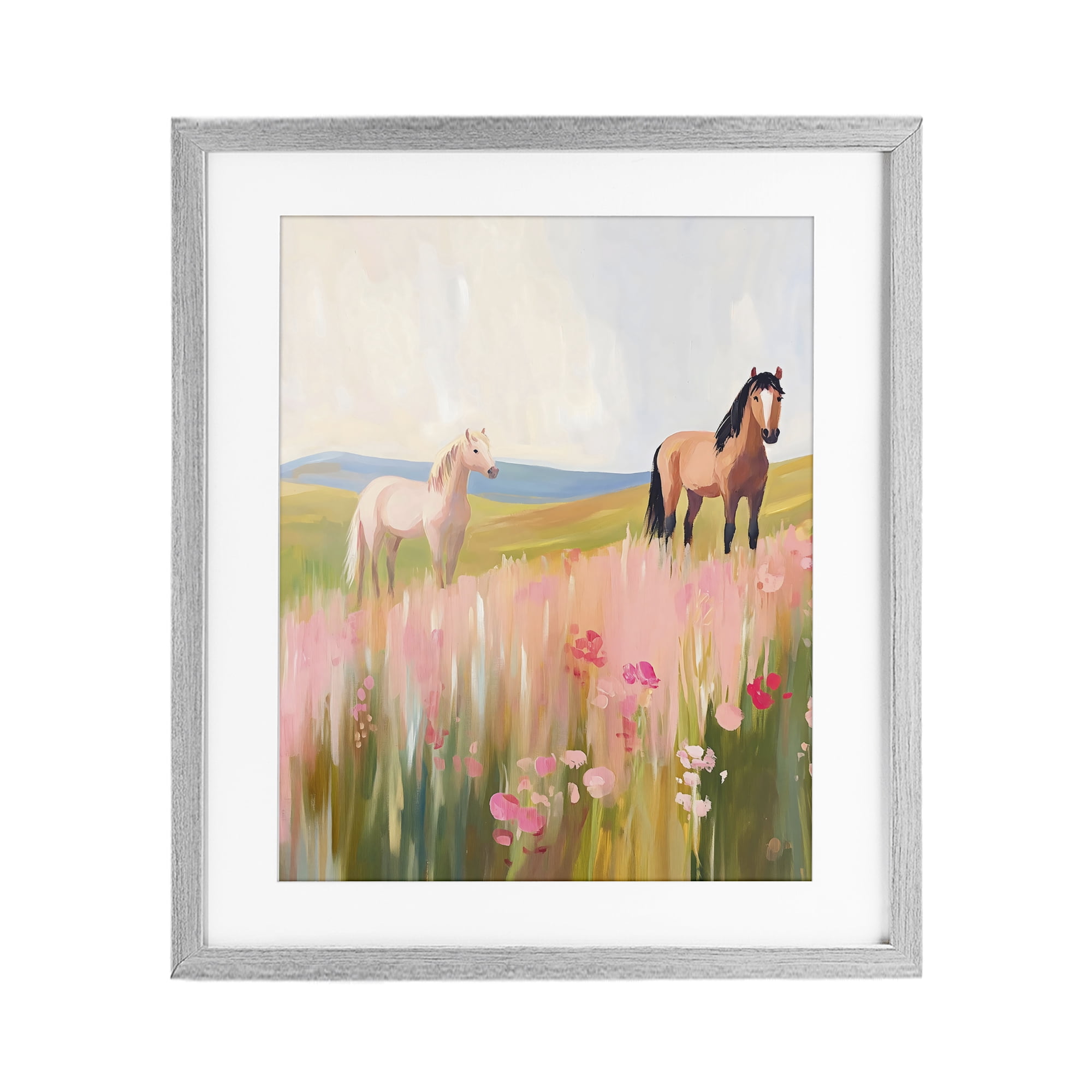 Stupell Industries Wild Horses in Pink Meadow Gray Framed Print Under Glass, design by The Prints Vibe