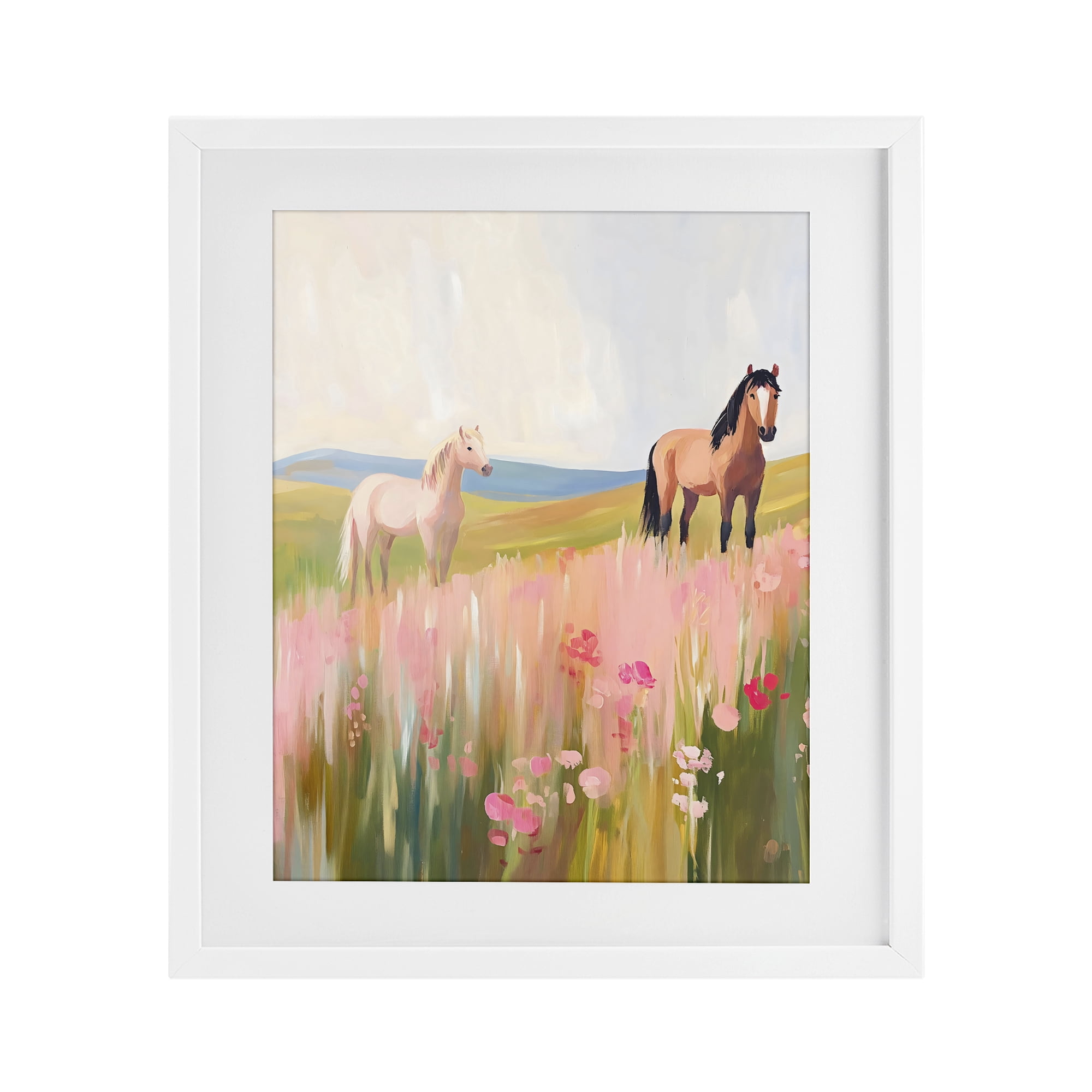 Stupell Industries Wild Horses in Pink Meadow White Framed Print Under Glass, design by The Prints Vibe