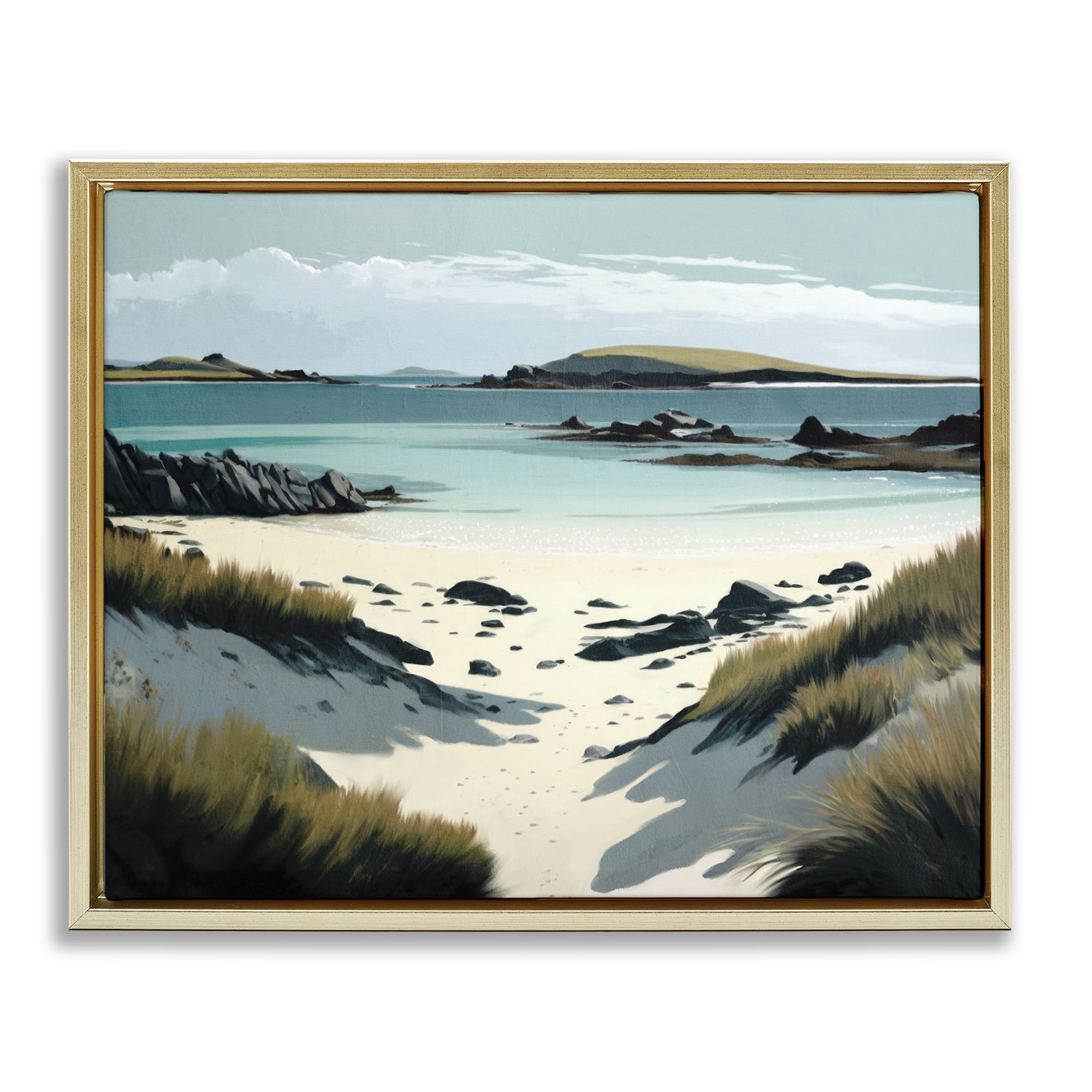 Stupell Industries Wild Island Landscape Nautical & Beach Painting Gold Floater Framed Canvas Art Print Wall Art, 21 x 17