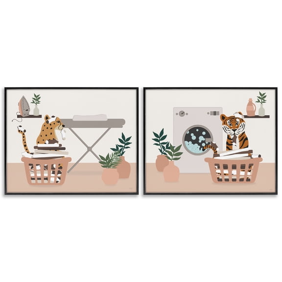 Stupell Industries Wild Jungle Cats & Laundry Animals Painting Black Framed Art Print Wall Art, 14 x 11, Set of 2