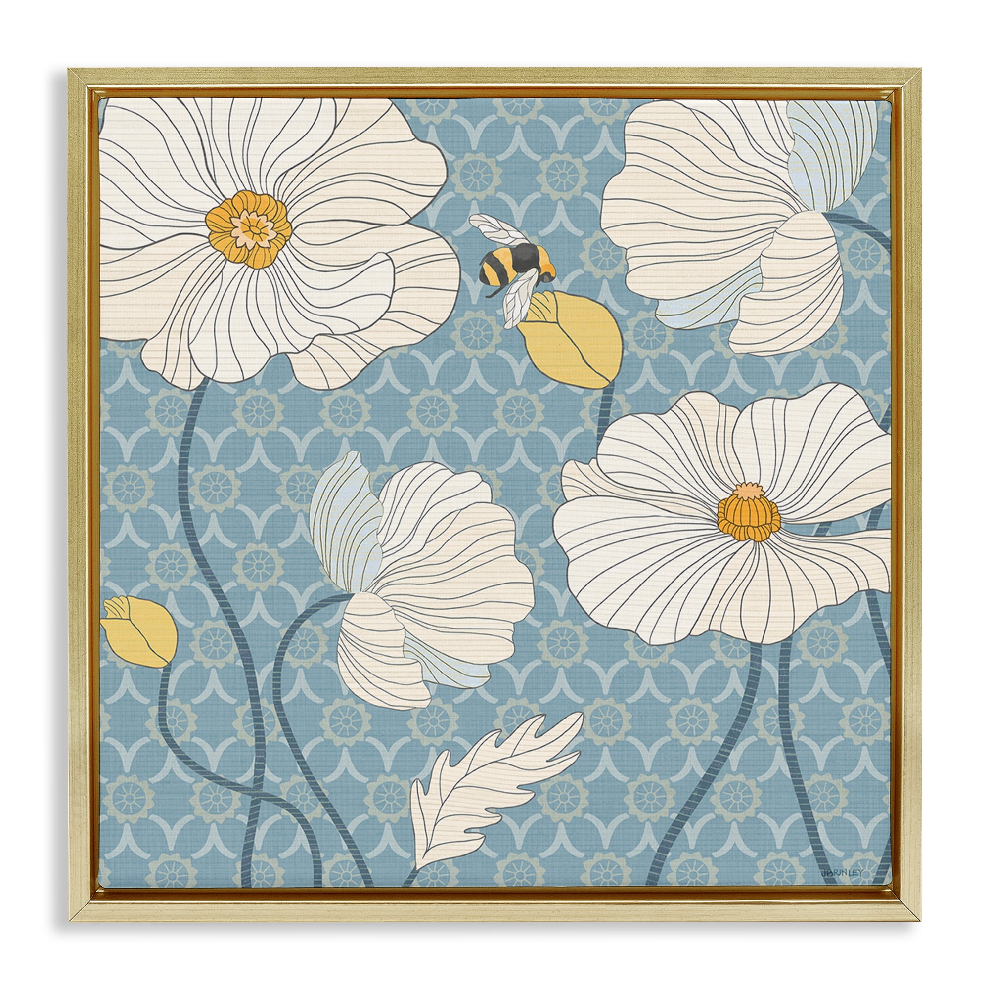 Stupell Industries Wild Poppies & Bee Botanical & Floral Painting Gold Floater Framed Canvas Art Print Wall Art, 18 x 18
