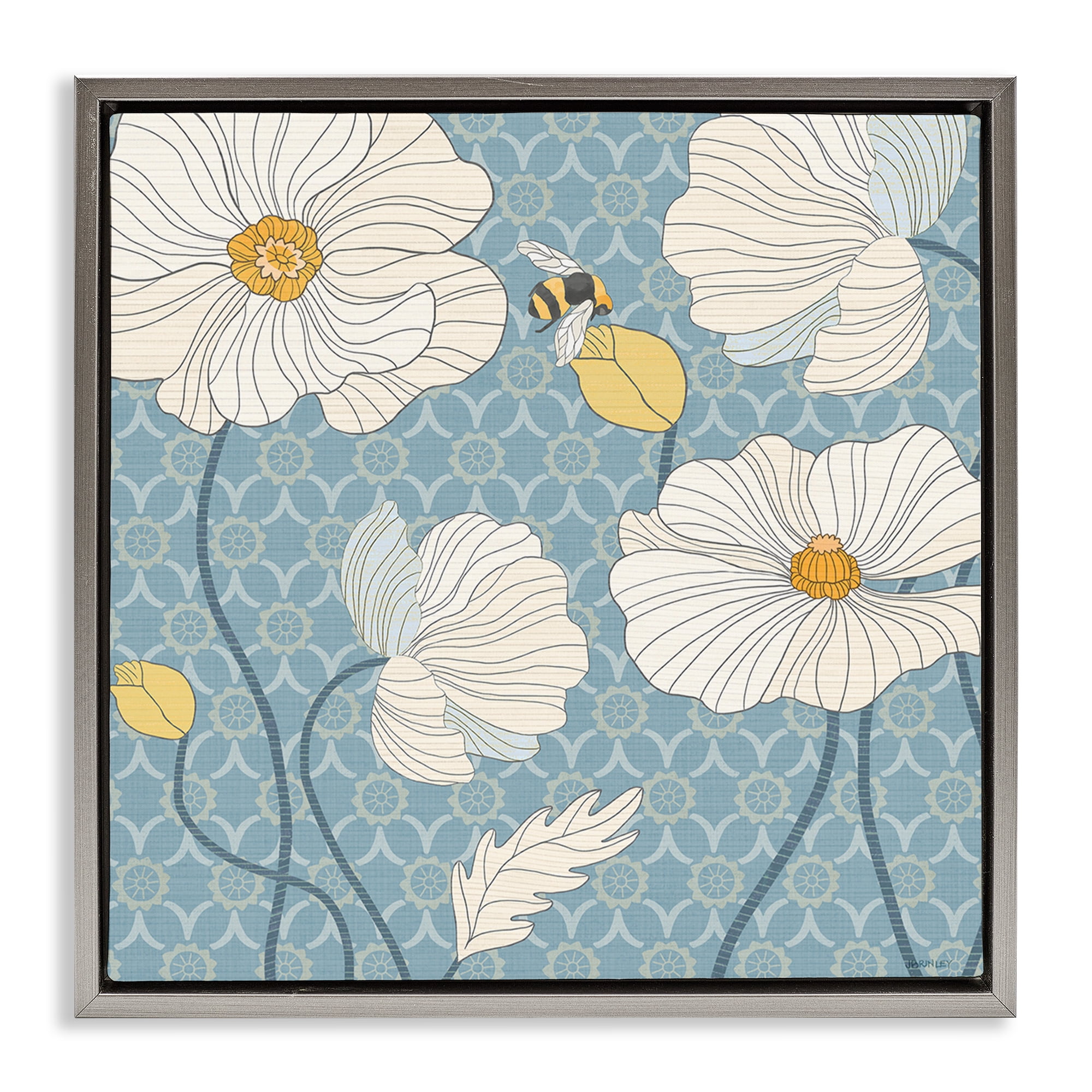 Stupell Industries Wild Poppies & Bee Botanical & Floral Painting Gray Floater Framed Canvas Art Print Wall Art, 18 x 18