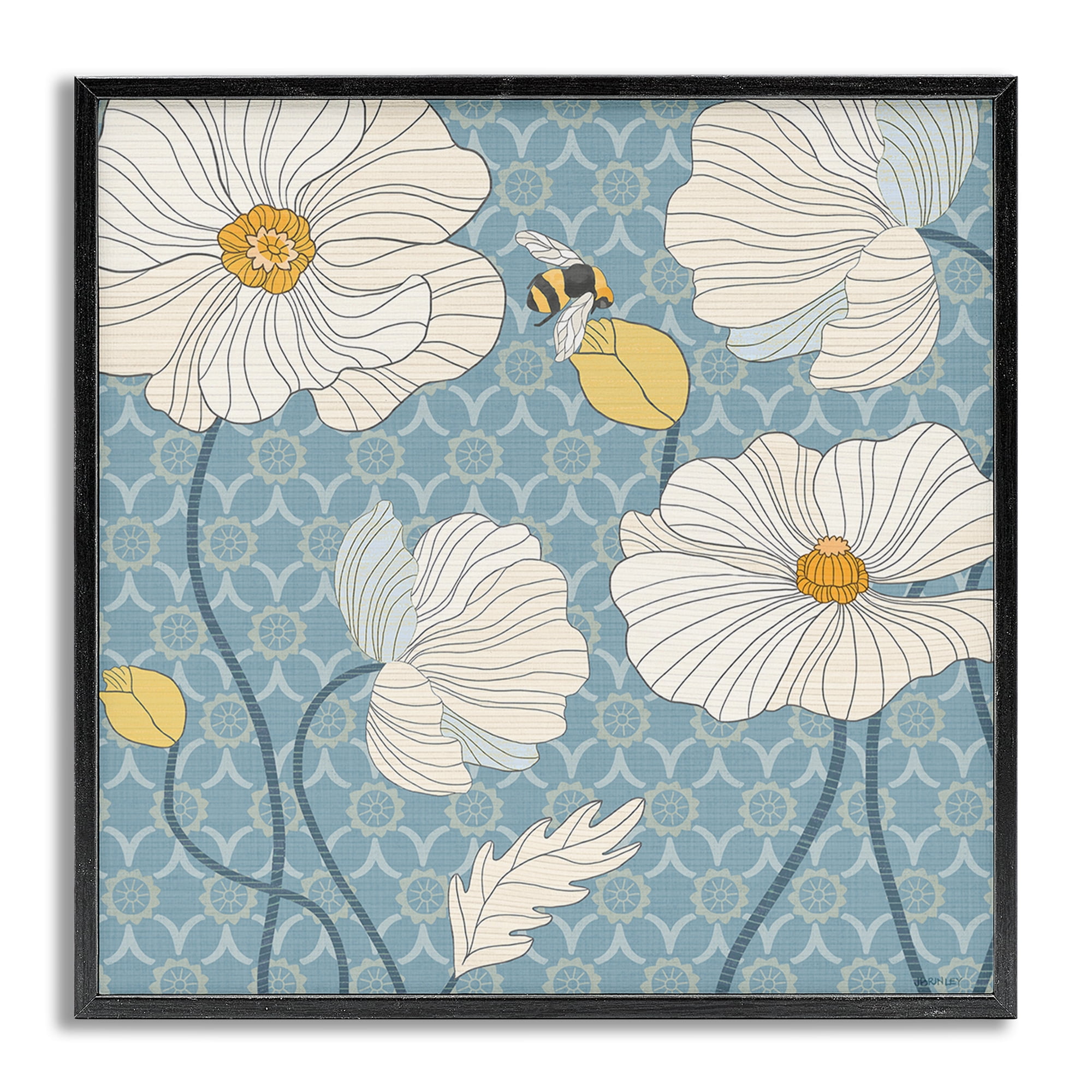 Stupell Industries Wild Poppies & Bee Botanical & Floral Painting Gray Framed Art Print Wall Art, 12 x 12