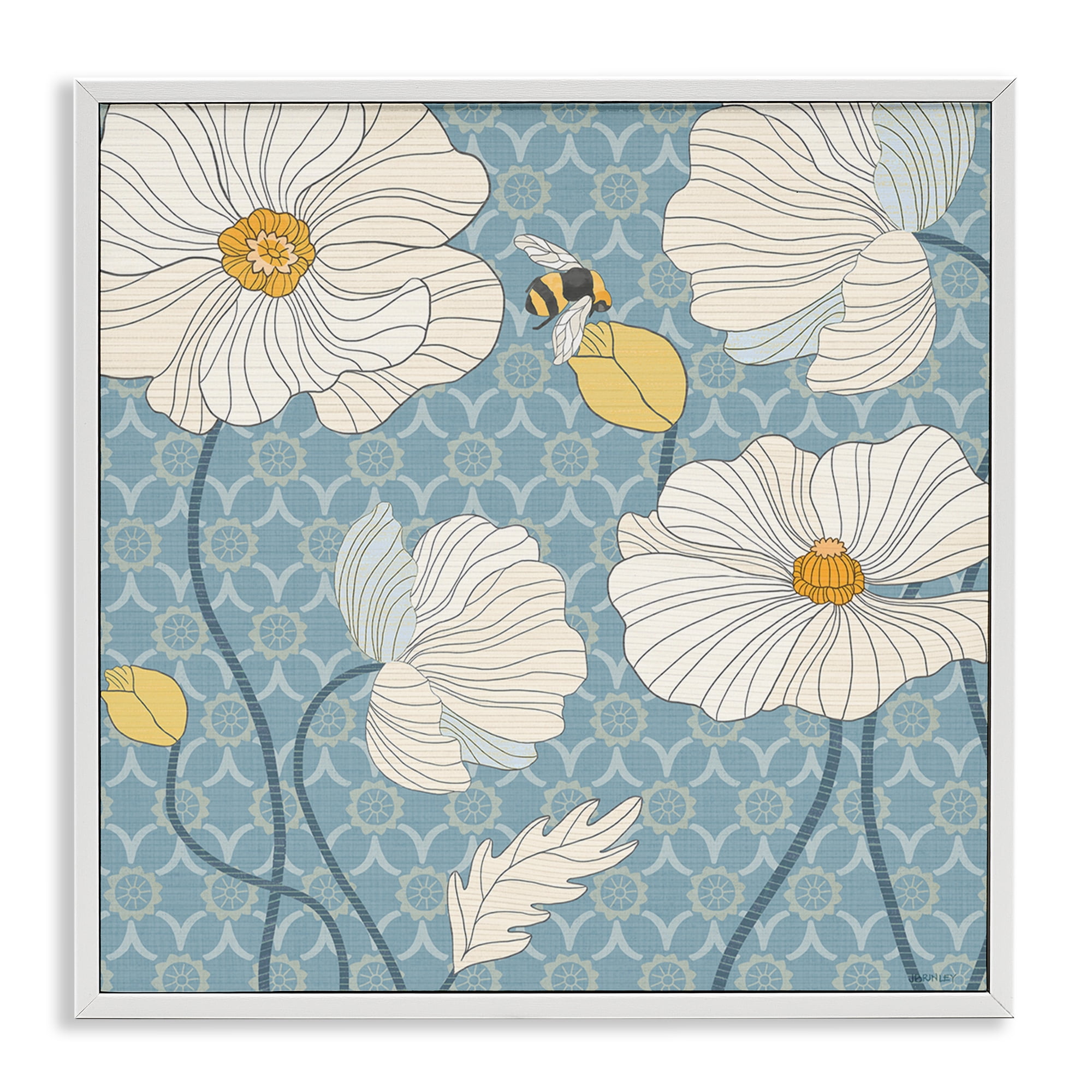 Stupell Industries Wild Poppies & Bee Botanical & Floral Painting White Framed Art Print Wall Art, 12 x 12