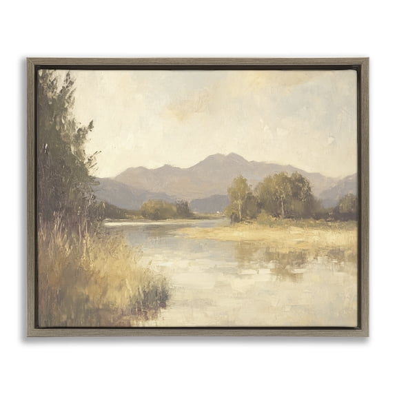 Stupell Industries Wild River Mountain View Landscape & Nature Painting Brown Floater Framed Canvas Art Print Wall Art, 21 x 17