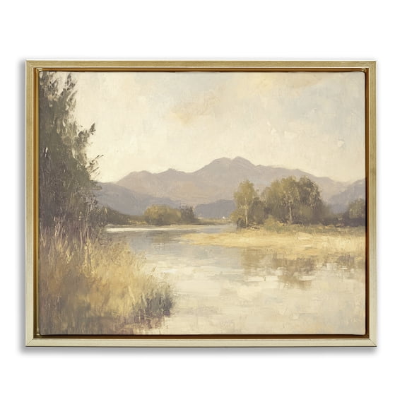 Stupell Industries Wild River Mountain View Landscape & Nature Painting Gold Floater Framed Canvas Art Print Wall Art, 25 x 31