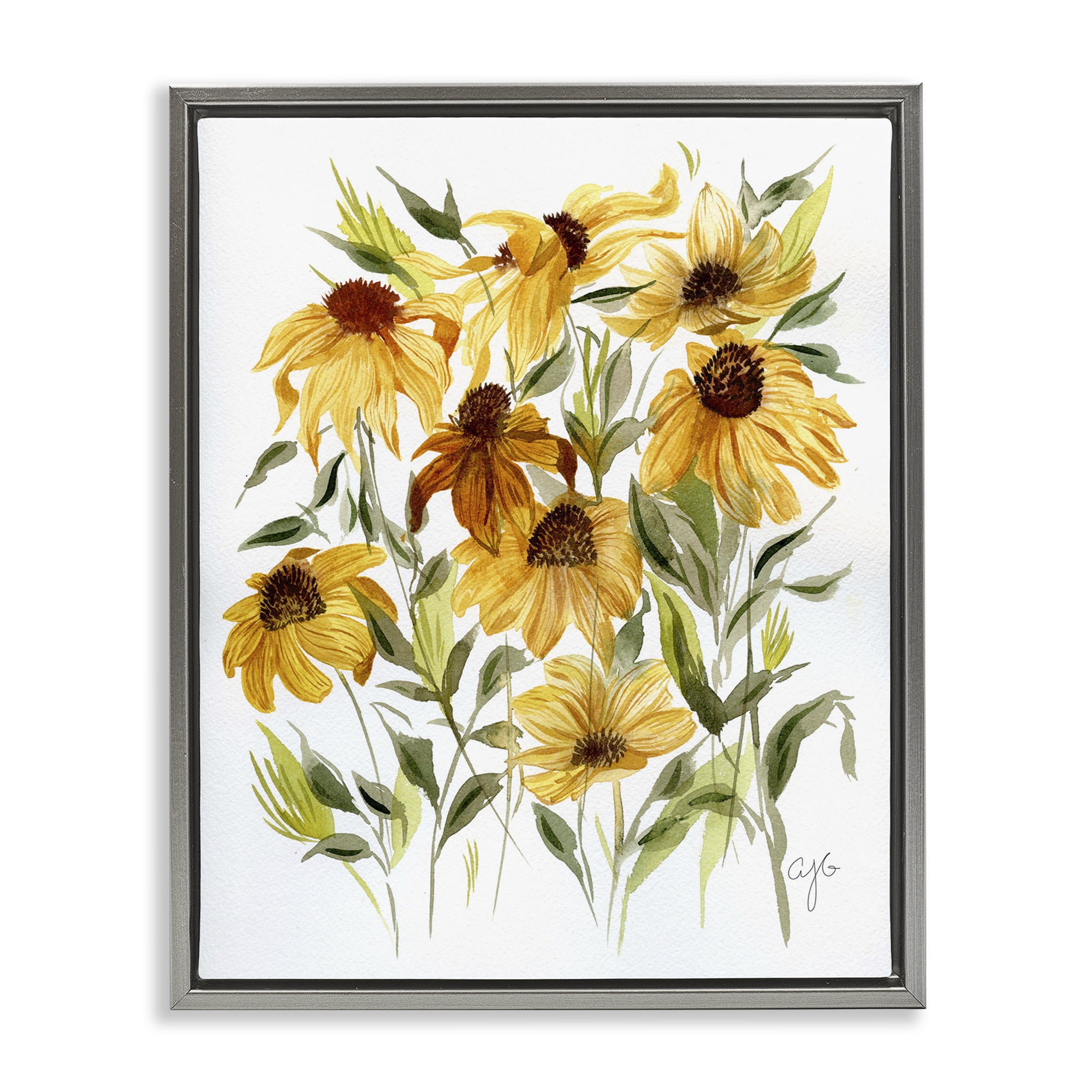 Stupell Industries Wild Rudbeckia Flowers Botanical & Floral Painting Gray Floater Framed Art Print Wall Art, 17 x 21