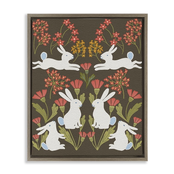 Wild Spring Blooms & Rabbits Brown Floating Frame Canvas Art, 25 x 31, Made In USA