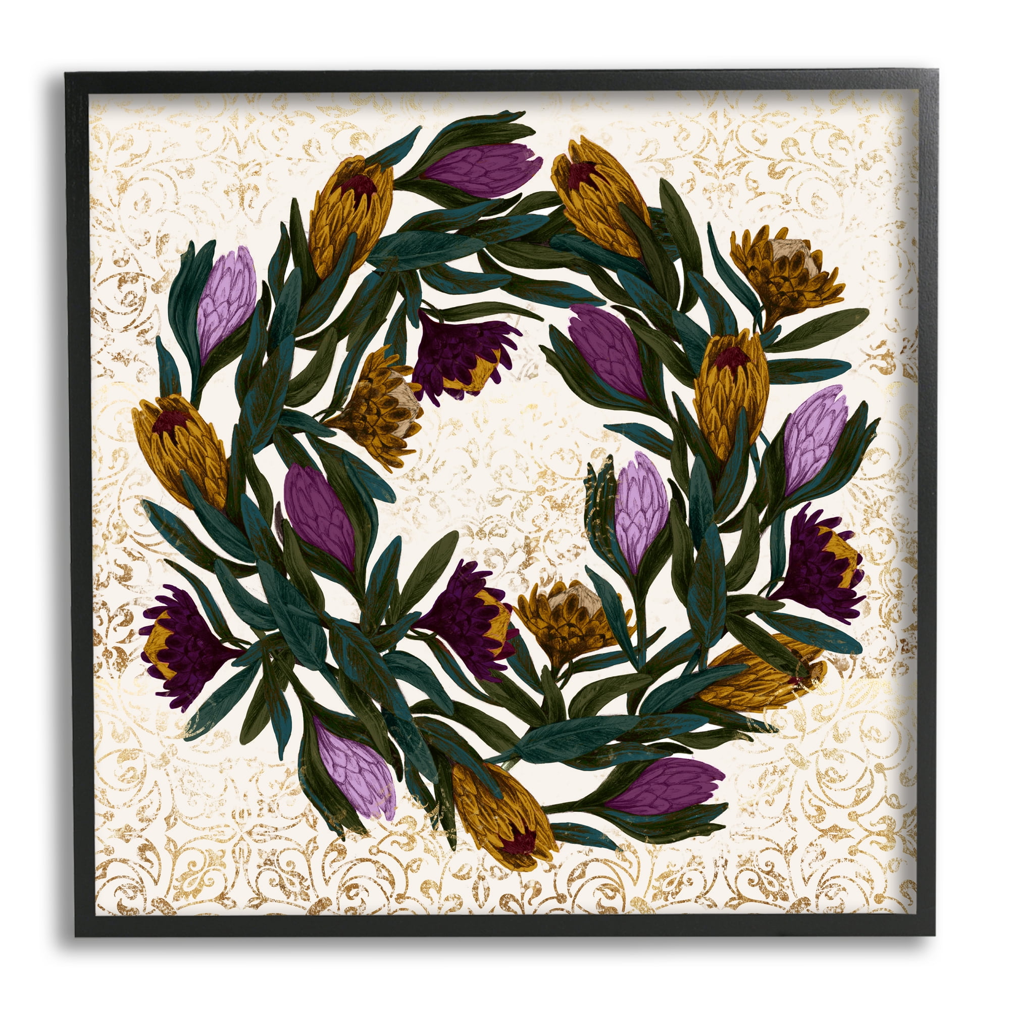 Stupell Industries Wild Thistle Floral Wreath on Regal Gold Pattern, 12 x 12, Designed by Daphne Polselli
