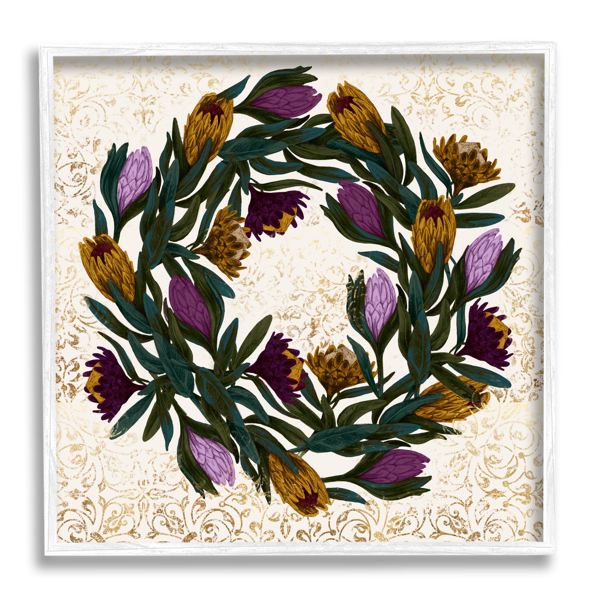 Stupell Industries Wild Thistle Floral Wreath on Regal Gold Pattern, 12 x 12, Designed by Daphne Polselli