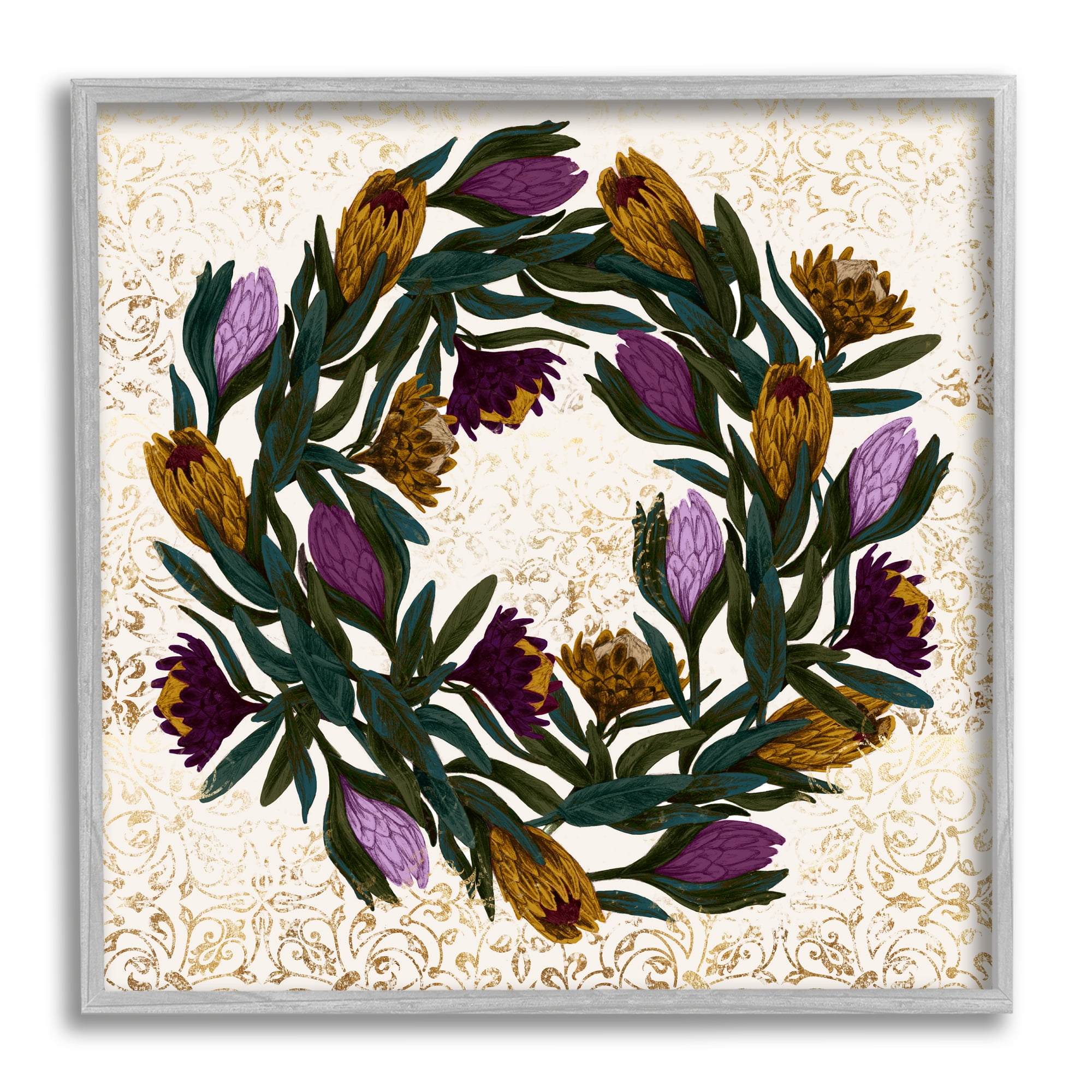 Stupell Industries Wild Thistle Floral Wreath on Regal Gold Pattern, 24 x 24, Designed by Daphne Polselli