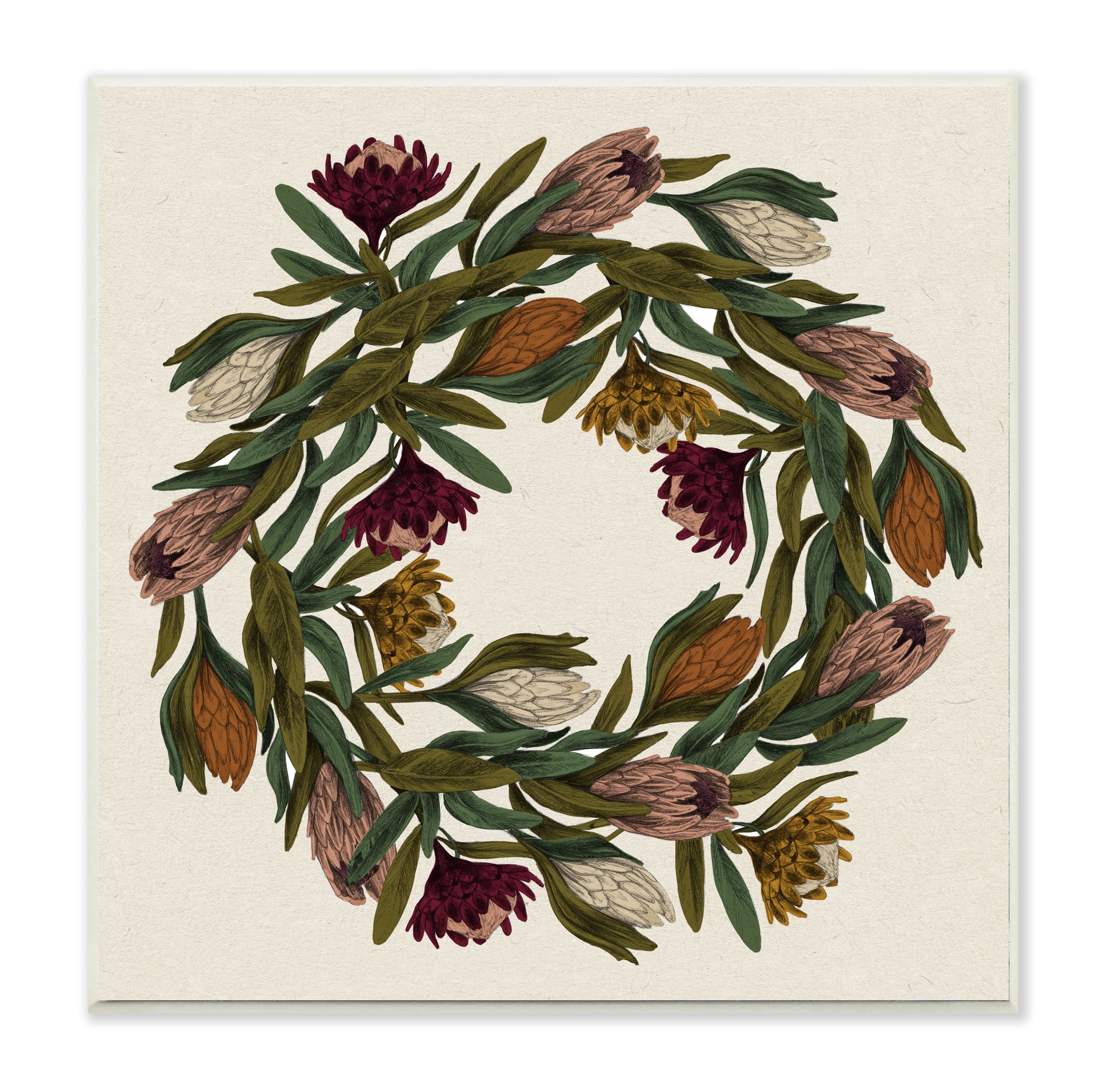 Autumn Harvest Thistle Wreath Tan Wood Wall Art 12" x 12"