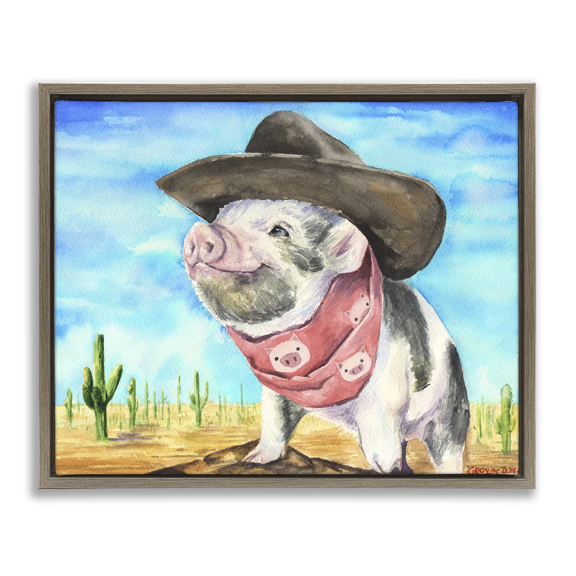 Stupell Industries Wild West Cowboy Pig Animals & Insects Painting Brown Floater Framed Canvas Art Print Wall Art, 21 x 17