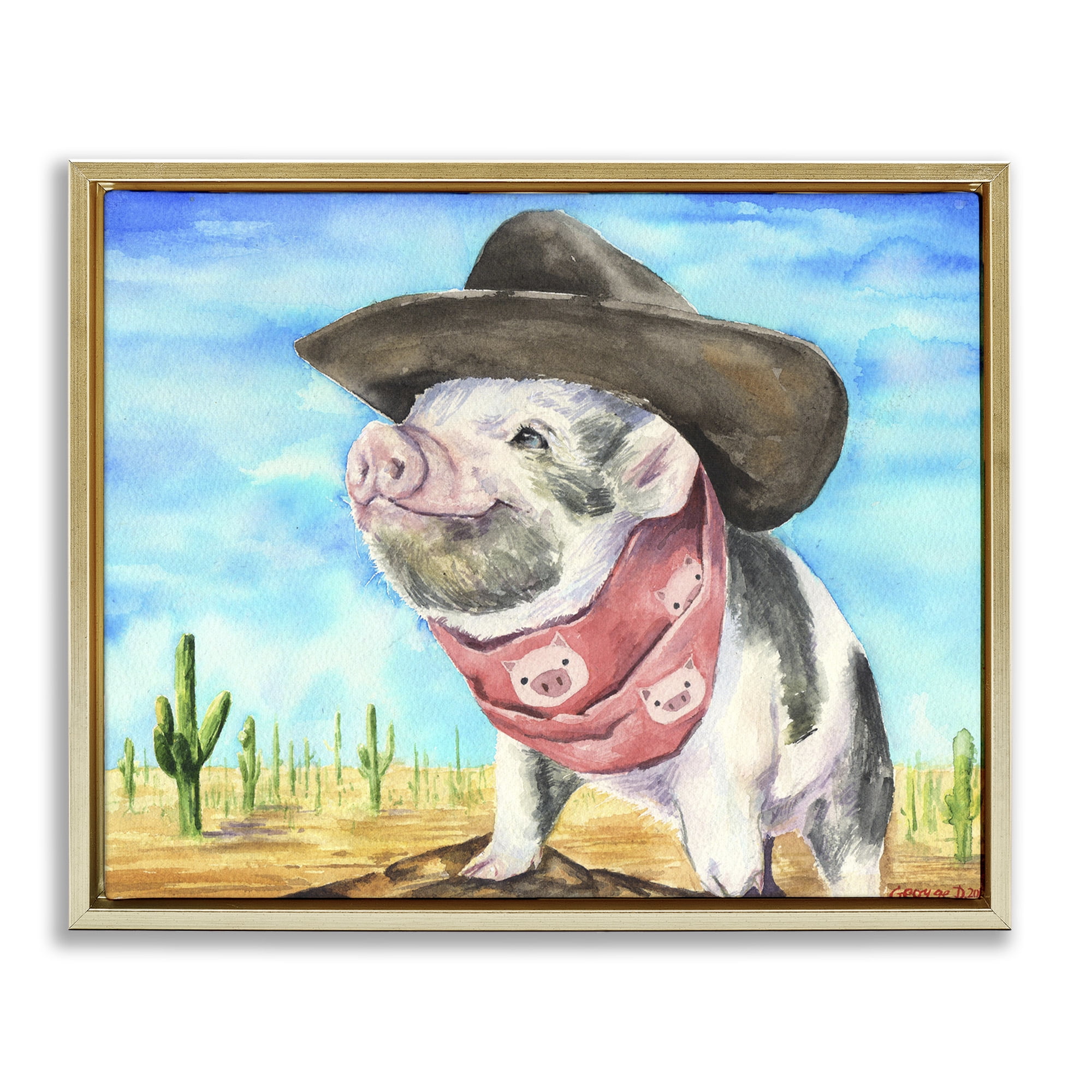 Stupell Industries Wild West Cowboy Pig Animals & Insects Painting Gold Floater Framed Canvas Art Print Wall Art, 31 x 25
