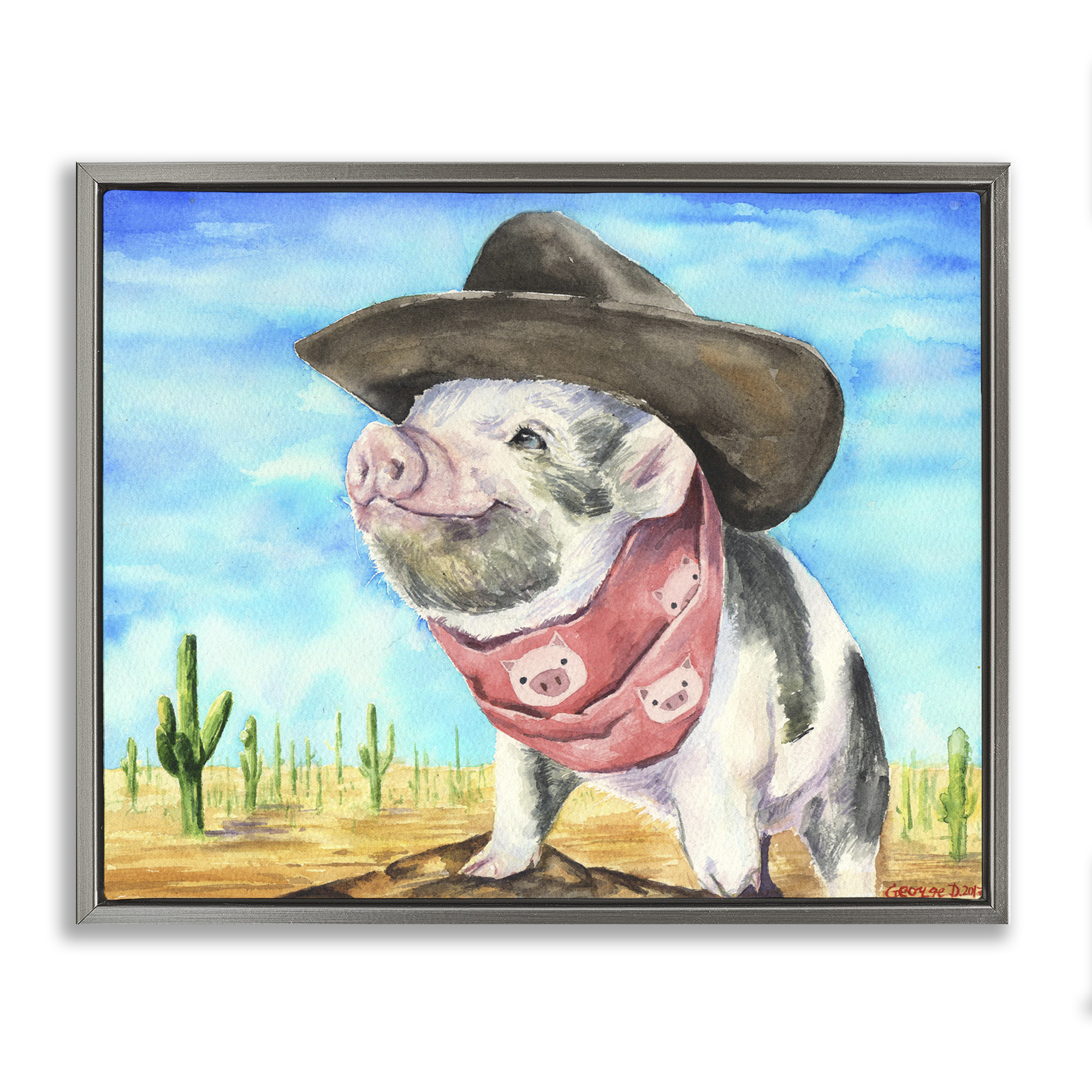 Stupell Industries Wild West Cowboy Pig Animals & Insects Painting Gray Floater Framed Canvas Art Print Wall Art, 21 x 17