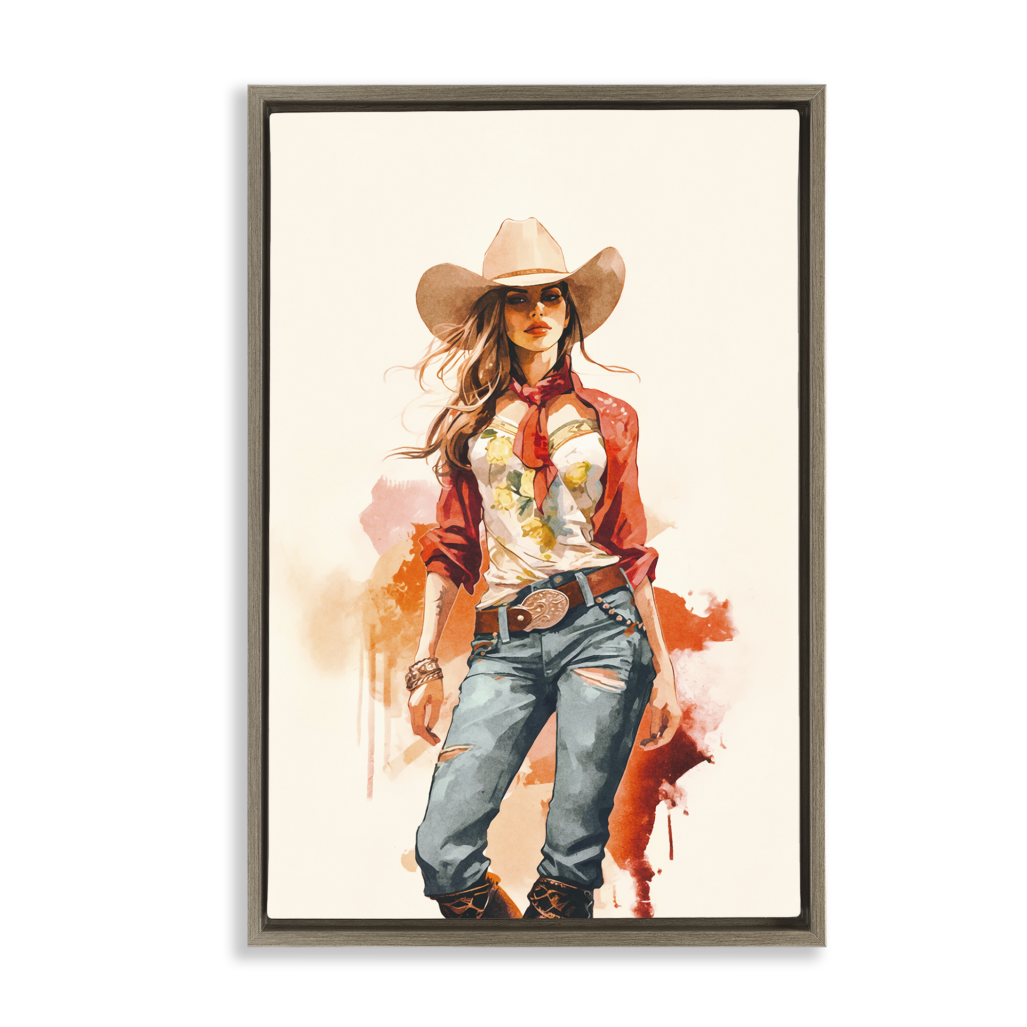 Stupell Industries Wild West Cowgirl Charm People Painting Brown Floater Framed Canvas Art Print Wall Art, 21 x 31