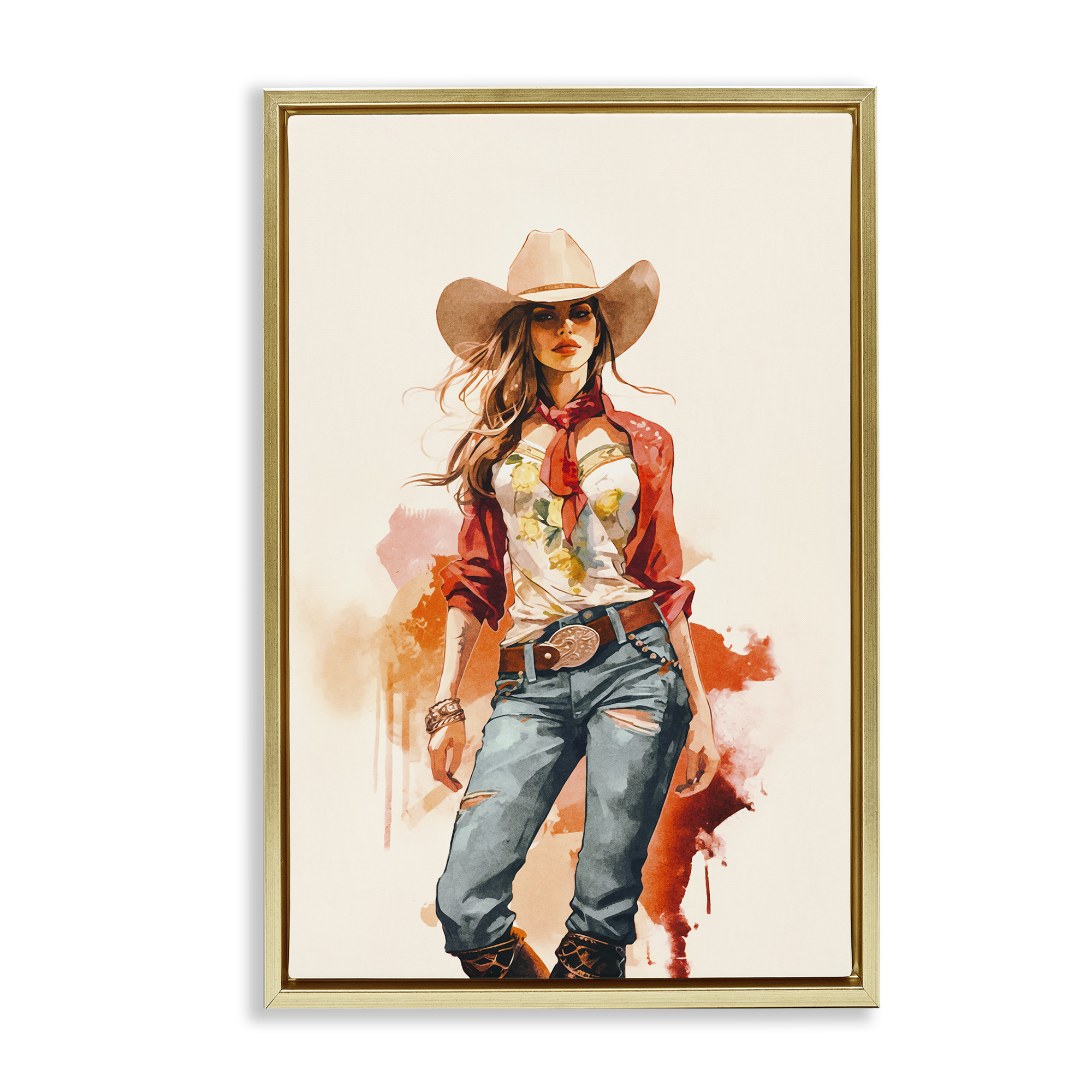Stupell Industries Wild West Cowgirl Charm People Painting Gold Floater Framed Canvas Art Print Wall Art, 21 x 31