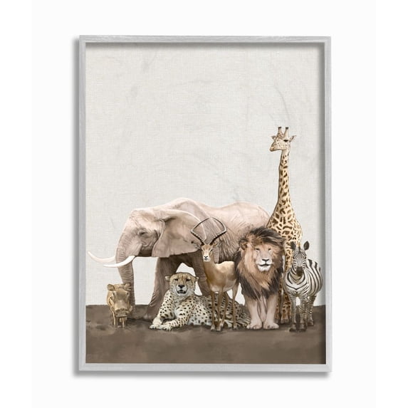 Stupell Industries Wild Zoo Animals Elephant Lion Giraffe Zebra Design Graphic Art Gray Framed Art Print Wall Art, 16x20, by Ziwei Li