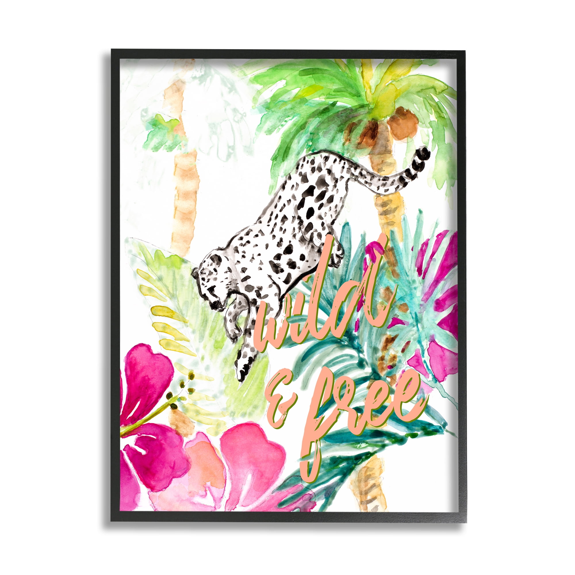 Stupell Industries Wild and Free Cheetah Palms Pink Hibiscus Floral Animals & Insects Painting Black Framed Art Print Wall Art, 16 x 20
