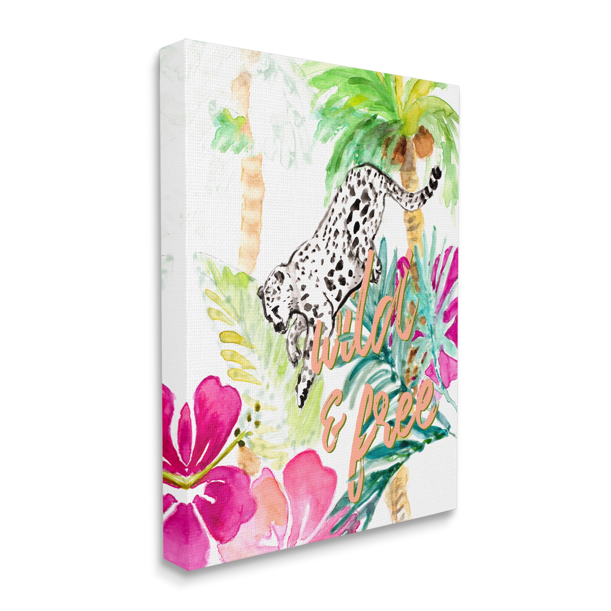 Stupell Industries Wild and Free Cheetah Palms Pink Hibiscus Floral Animals & Insects Painting Gallery Wrapped Canvas Print Wall Art, 16 x 20