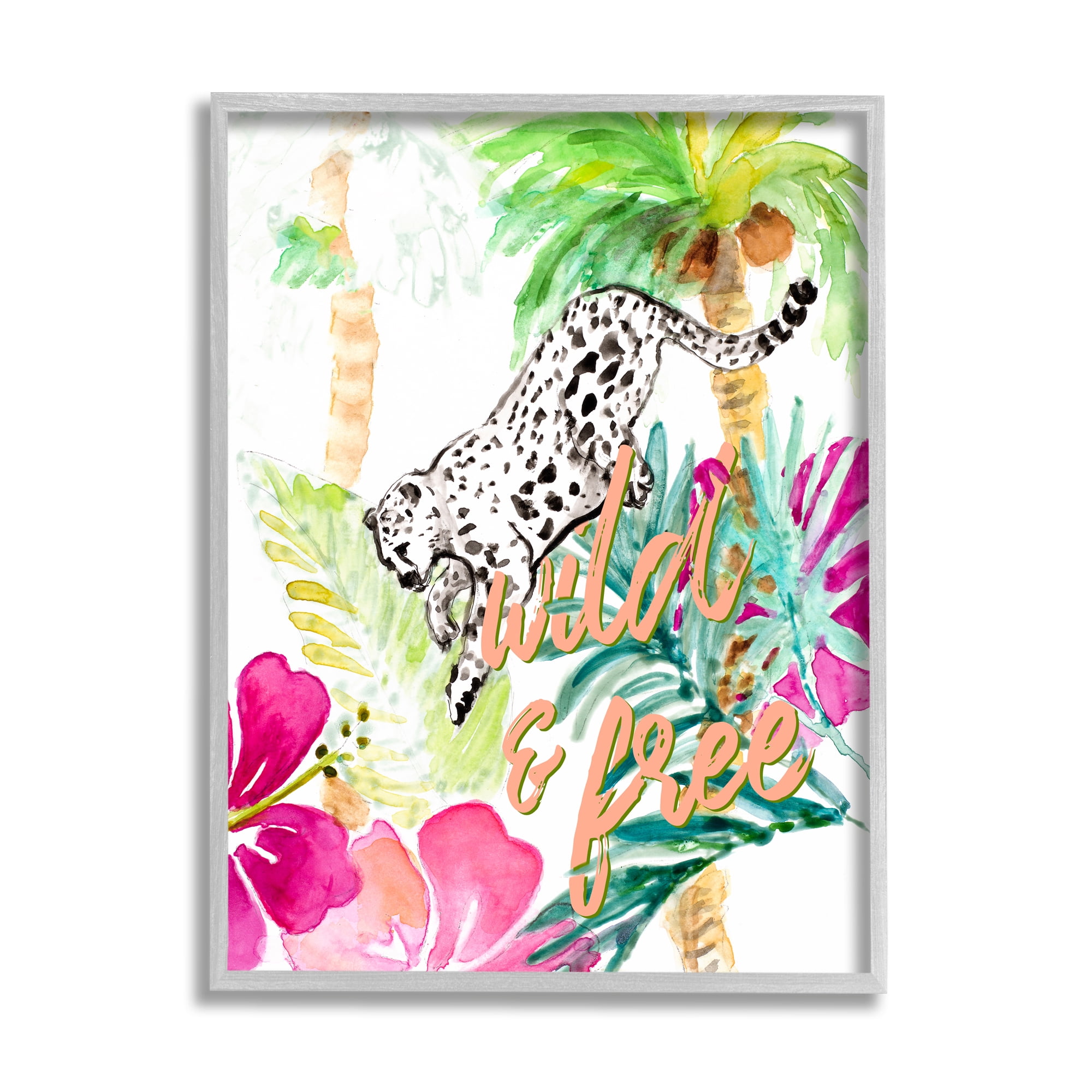 Stupell Industries Wild and Free Cheetah Palms Pink Hibiscus Floral Animals & Insects Painting Gray Framed Art Print Wall Art, 24 x 30