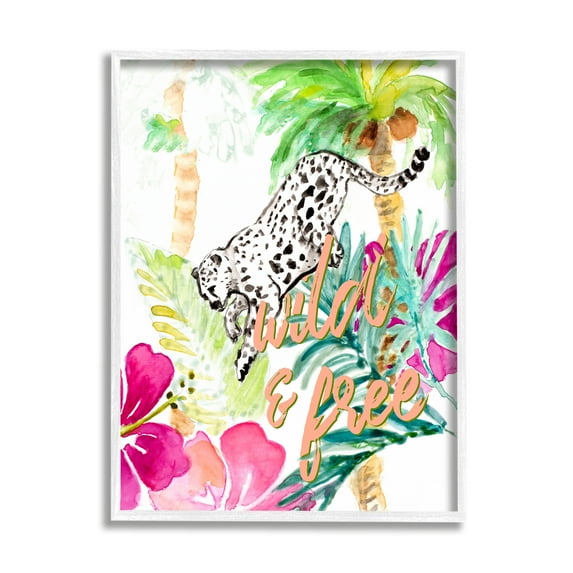 Stupell Industries Wild and Free Cheetah Palms Pink Hibiscus Floral Animals & Insects Painting White Framed Art Print Wall Art, 16 x 20