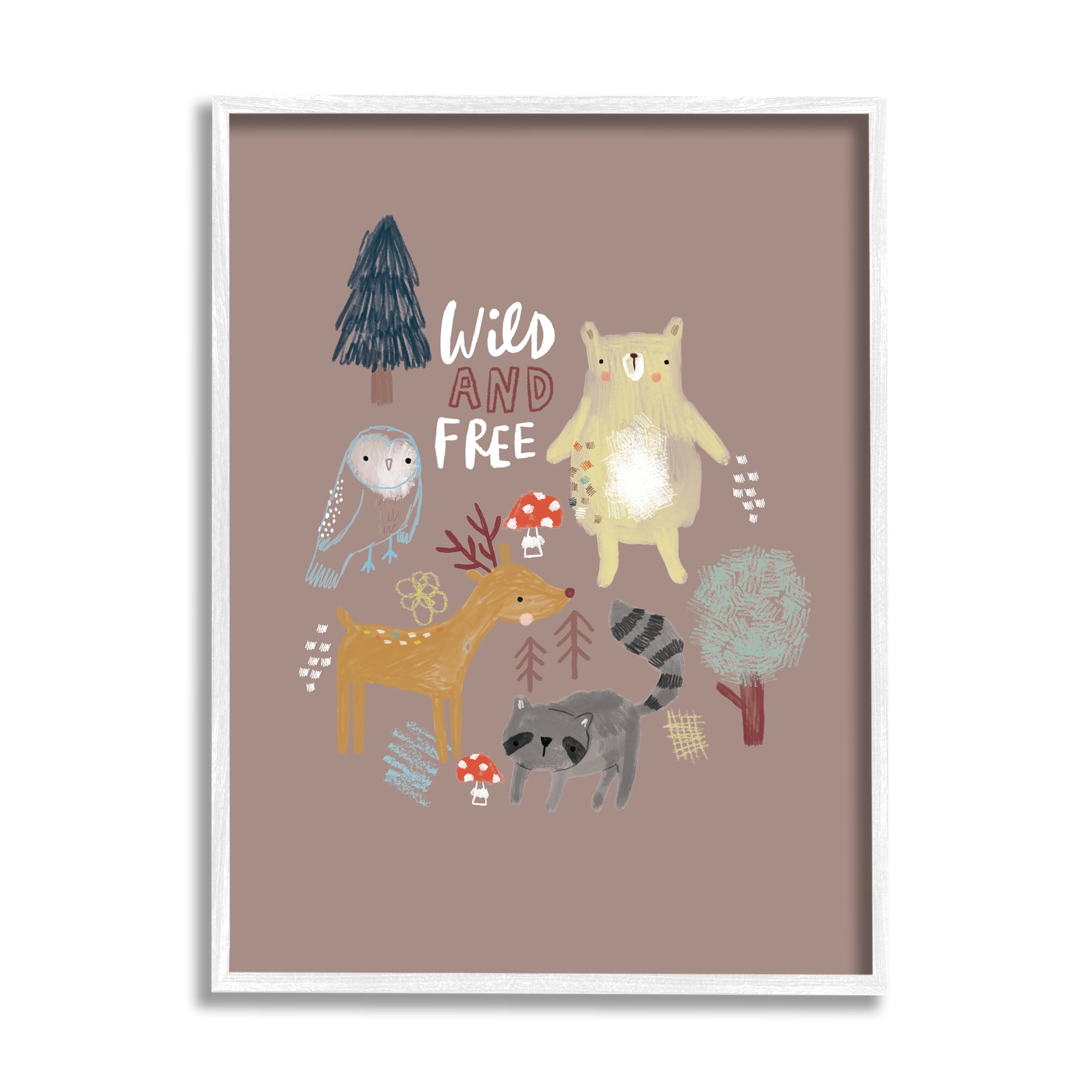 Stupell Industries Wild and Free Kid's Forest Beer Owl Racoon Graphic Art White Framed Art Print Wall Art, 24x30, by Linda Birtel
