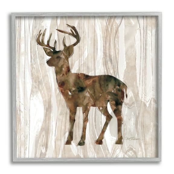 Stupell Industries Wilderness Buck Watercolor Silhouette Rustic Grain Pattern Animals & Insects Painting Gray Framed Art Print Wall Art, 12 x 12