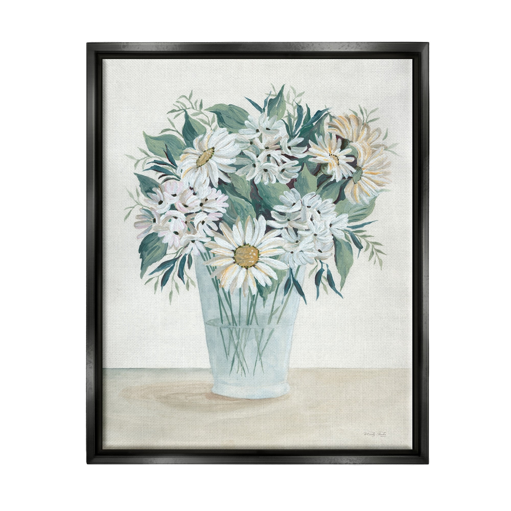 Stupell Industries Wildflower Daisies Floral Bouquet Arrangement Glass Vase Painting Jet Black Floating Framed Canvas Print Wall Art, Design by Cindy Jacobs