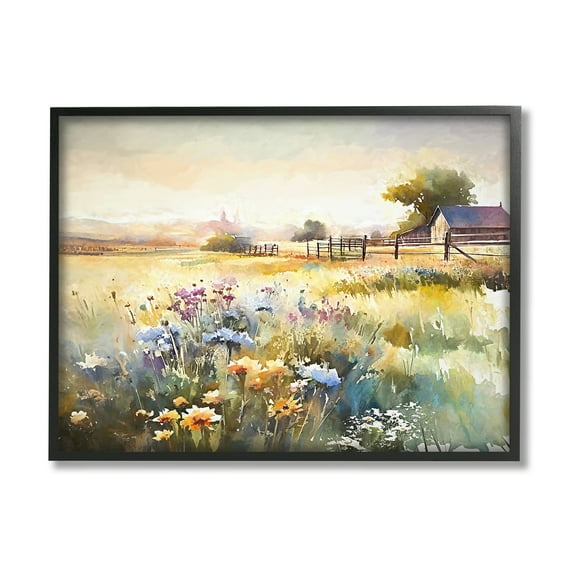 Stupell Industries Wildflower Farm Field Landscape Painting Black Framed Art Print Wall Art, 30 x 24
