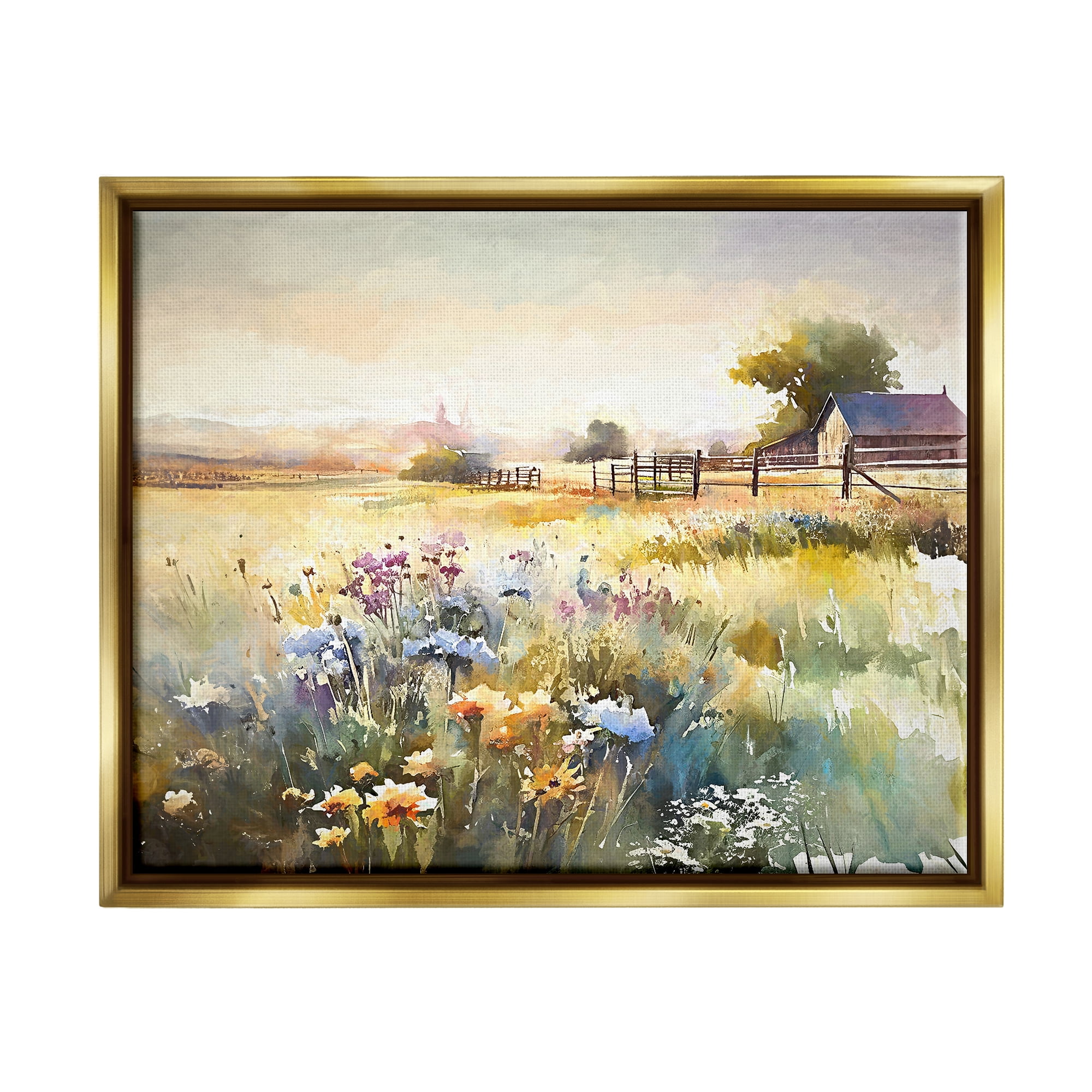 Stupell Industries Wildflower Farm Field Landscape Painting Gold Floater Framed Canvas Art Print Wall Art, 31 x 25