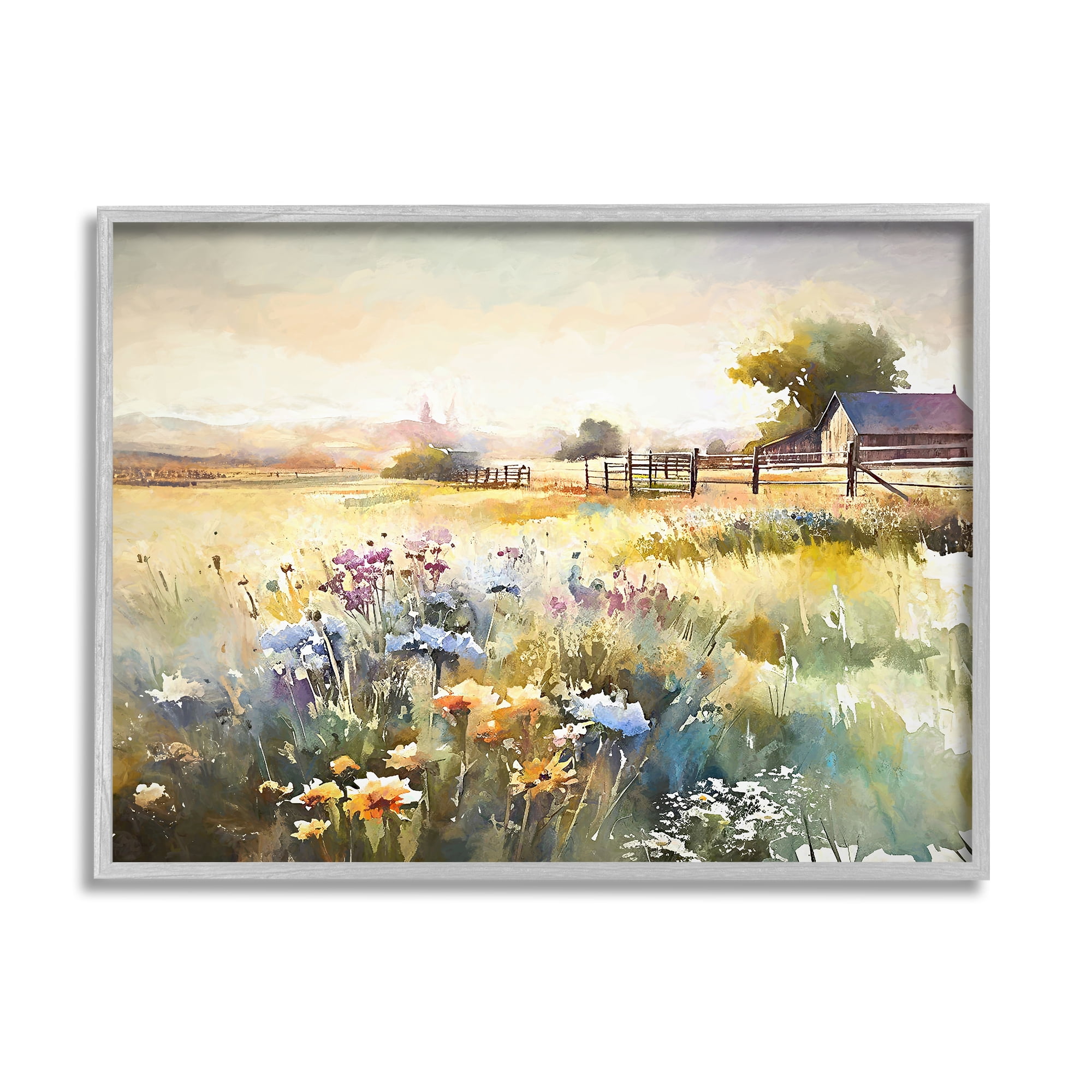 Stupell Industries Wildflower Farm Field Landscape Painting Gray Framed Art Print Wall Art, 14 x 11