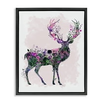 Stupell Industries Wildflower Patterned Deer Animals & Insects Painting Black Floater Framed Canvas Art Print Wall Art, 17 x 21