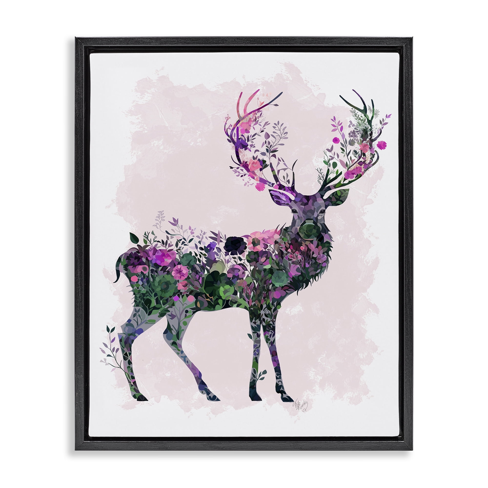 Stupell Industries Wildflower Patterned Deer Animals & Insects Painting Black Floater Framed Canvas Art Print Wall Art, 25 x 31